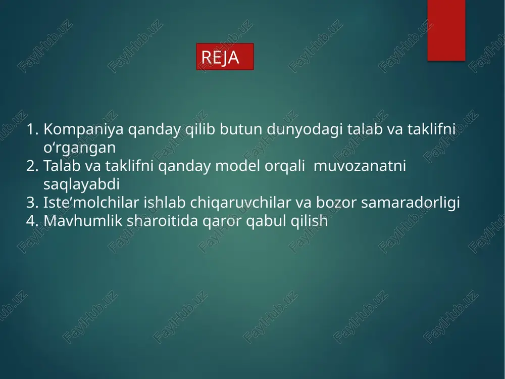 ga haqida ma'lumotlarni yig'ib olish uchun mahalliy va xalqaro ma'lumot markazlaridan foydalanadilar. 4 internet va ijtimoiy tarmoq: internet va ijtimoiy tarmoq, o'rganish va qidiruv jarayonini o'rganish uchun qulay vositalar ko'rsatadi. online anketalar, izlanuvchi statistikasi, ijtimoiy tarmoq ma'lumotlarini analiz qilish kompaniyalar uchun yordamchi bo'ladi. mahalliy vakolatli idoralar va tijorat ittifoqlar: mahalliy vakolatli idoralar va tijorat ittifoqlar o'rganish jarayonida yordam berishlari mumkin, chunki ular bozor ma'lumotlarini, standartlarni va tijorat o'zgarishlarini ta'kidlaydilar. so'nggi yangiliklar va tekhnologiyalar: kompaniyalar, yangiliklarni kuzatib borish va so'nggi texnologiyalardan foydalanish orqali o'zlarini yangi bozorlarda qilish uchun tayyorlab turishlari kerak. xaridorga xabarnomalar va reklama: kompaniyalar xaridorga xabarnomalar va reklama qilish orqali talab va taklifni o'rganish uchun ko'p qo'llanadilar. 5 marketing tadqiqoti: kompaniyalar, reklama va marketing tadqiqotlarini olib boradilar, ularning ta'siri va samaradorligini o'rganadilar. xaridorga xizmatlar va mustahkamlar: xaridorga xizmatlar va mustahkamlar yordamida kompaniyalar, xaridorga to'g'ri qulayliklar va qulayliklar taklif qilishlari kerakligini aniqlashadi. xaridorga so'rovnoma va fikrlash: xaridorga so'rovnoma va fikrlashlar …