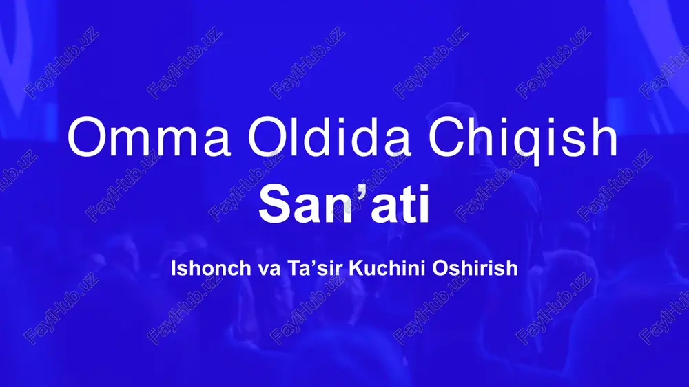 ar orqali tinglovchini jalb qiling. bu ularning nutqingizga hissiy bog'lanishini ta'minlaydi. savol-javob usuli nutq davomida tinglovchilarga savollar berib, ularni faol ishtirokga chorlang. bu diqqatni oshiradi va interaktivlikni ta'minlaydi. vizual yordamlar slaydlar, grafikalar, rasmlar va qisqa videolar yordamida nutqingizni boyiting. vizual materiallar murakkab ma'lumotlarni oson tushunishga yordam beradi. https://gamma.app/?utm_source=made-with-gamma https://gamma.app/?utm_source=made-with-gamma stress va tashvishni yengish yo‘llari omma oldida chiqishdan oldin paydo bo'ladigan stressni boshqarish uchun quyidagi usullarni qo'llang. bu usullar sizga o'zingizni yanada xotirjam va ishonchli his qilishingizga yordam beradi. https://gamma.app/?utm_source=made-with-gamma https://gamma.app/?utm_source=made-with-gamma mashhur nutq so‘zlovchilar misolida o‘rganish dunyo tarixida o'z nutqlari bilan iz qoldirgan shaxslardan ilhomlaning. martin lyuter king "i have a dream" nutqi orqali tenglik va adolat uchun kurashda global ta'sir ko'rsatgan. malala yusufzay yoshligidan boshlab ta'lim va ayollar huquqlari bo'yicha jasoratli nutqlari bilan dunyoni o'zgartirgan. alisher navoiy o‘zbek adabiyoti va nutq sanʼatining asoschisi, asarlaridan ilhomlangan nutq uslublari bugun ham ahamiyatli. ularning nutqlaridan o'rganish sizning o'zingizning uslubingizni rivojlantirishga yordam beradi. https://gamma.app/?utm_source=made-with-gamma …