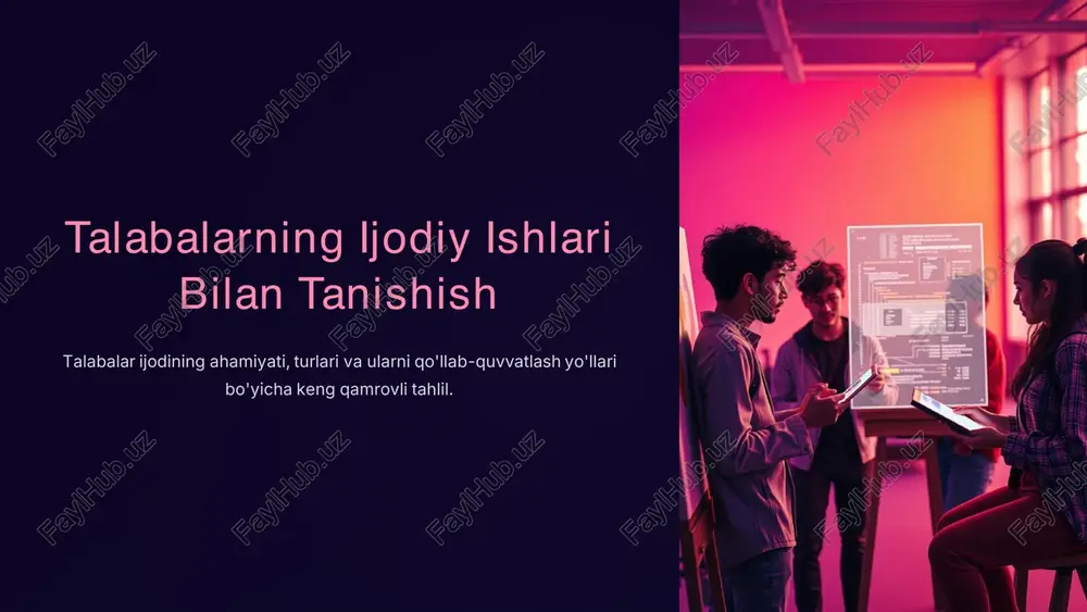 ok etgan yosh rassom, o'z asarlarida milliy motivlarni zamonaviy uslubda aks ettirgan. https://gamma.app/?utm_source=made-with-gamma https://gamma.app/?utm_source=made-with-gamma talabalar ijodini qo‘llab-quvvatlashning ahamiyati shaxsiy rivojlanish: ijodiy ishlar talabaning shaxsiy rivojlanishiga, o'z-o'zini ifodalashiga va ichki salohiyatini ro'yobga chiqarishiga yordam beradi. innovatsion g'oyalar: yangi g'oyalar va yondashuvlarni kashf etishga, muammolarga nostandart yechimlar topishga undaydi. kelajak kadrlari: jamiyat va iqtisodiyot uchun innovatsion fikrlaydigan, kreativ va tashabbuskor kadrlar tayyorlashga zamin yaratadi. global raqobatbardoshlik: ijodkorlikni rivojlantirish global bozorda raqobatbardosh bo'lishga yordam beradi, chunki bugungi dunyo doimiy innovatsiyalarni talab qiladi. https://gamma.app/?utm_source=made-with-gamma https://gamma.app/?utm_source=made-with-gamma universitetlarda ijodiy ishlarni rag‘batlantirish 01 maxsus grantlar va stipendiyalar iste'dodli talabalarni moddiy qo'llab-quvvatlash, ularning ijodiy faoliyati uchun sharoit yaratish. 02 tanlovlar va ko‘rgazmalar har yili turli ijodiy tanlovlar, ko'rgazmalar va festivallar tashkil etish orqali talabalarning ishlarini namoyish etish. 03 mentorlik va ilmiy rahbarlik tajribali ustozlar va mutaxassislarning yosh ijodkorlarga yo'l-yo'riq ko'rsatishi, ularga ilmiy va ijodiy yo'nalish berish. 04 resurslar ta'minoti ijodiy ishlar uchun zarur bo'lgan resurslar (ustaxonalar, laboratoriyalar, dasturiy …