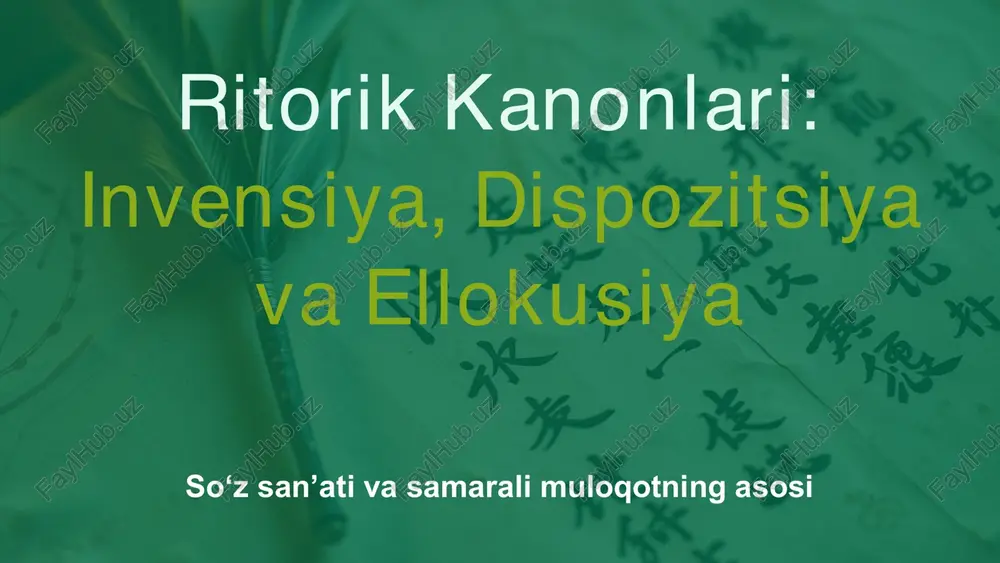 tirish nutqning ishonchliligini oshiradi. https://gamma.app/?utm_source=made-with-gamma https://gamma.app/?utm_source=made-with-gamma dispozitsiya (arrangement): nutqni tartibga solish nutq yoki matn qismlarini mantiqiy va ta’sirchan tartibda joylashtirish san’ati. bu, tinglovchini adashtirmasdan, fikrlarni izchil yetkazish uchun zarur. tsitseronning klassik nutq tuzilishi, masalan, kirish (exordium), voqealar bayoni (narratio), asosiy fikrlar (partitio), dalillar (confirmatio), rad etish (refutatio) va xulosa (peroratio) kabi qismlarni o‘z ichiga oladi. misol: ta’lim berish maqsadida o‘tkazilayotgan taqdimotda avval muammoni ta’riflash, keyin uning yechimlarini ko‘rsatish mantiqiy dispozitsiyaga misol bo‘ladi. https://gamma.app/?utm_source=made-with-gamma https://gamma.app/?utm_source=made-with-gamma dispozitsiyaning ahamiyati tinglovchini jalb qilish yaxshi tashkil etilgan nutq tinglovchining diqqatini tortadi va ularni fikrlarni izchil kuzatishga undaydi. bu orqali nutq yanada tushunarli bo‘ladi. fikrlarni aniq yetkazish ma’lumotlarning to‘g‘ri joylashtirilishi nutqning asosiy g‘oyalarini oson va samarali yetkazishga yordam beradi. har bir fikr o‘z o‘rniga ega bo‘ladi. ta’sirchanlik noto‘g‘ri tartibda, hatto eng kuchli dalillar ham o‘z kuchini yo‘qotishi, tinglovchini chalg‘itishi va nutqning umumiy ta’sirini kamaytirishi mumkin. https://gamma.app/?utm_source=made-with-gamma https://gamma.app/?utm_source=made-with-gamma ellokusiya (style): so‘z san’ati va uslubi ellokusiya – bu …