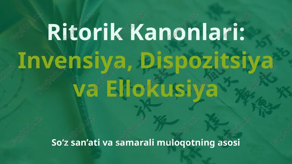 nutq tuzilishi, masalan, kirish (exordium), voqealar bayoni (narratio), asosiy fikrlar (partitio), dalillar (confirmatio), rad etish (refutatio) va xulosa (peroratio) kabi qismlarni o‘z ichiga oladi. misol: ta’lim berish maqsadida o‘tkazilayotgan taqdimotda avval muammoni ta’riflash, keyin uning yechimlarini ko‘rsatish mantiqiy dispozitsiyaga misol bo‘ladi. 6 dispozitsiyaning ahamiyati tinglovchini jalb qilish yaxshi tashkil etilgan nutq tinglovchining diqqatini tortadi va ularni fikrlarni izchil kuzatishga undaydi. bu orqali nutq yanada tushunarli bo‘ladi. fikrlarni aniq yetkazish ma’lumotlarning to‘g‘ri joylashtirilishi nutqning asosiy g‘oyalarini oson va samarali yetkazishga yordam beradi. har bir fikr o‘z o‘rniga ega bo‘ladi. ta’sirchanlik noto‘g‘ri tartibda, hatto eng kuchli dalillar ham o‘z kuchini yo‘qotishi, tinglovchini chalg‘itishi va nutqning umumiy ta’sirini kamaytirishi mumkin. 7 ellokusiya (style): so‘z san’ati va uslubi ellokusiya – bu so‘z tanlash, gap tuzilishi va badiiy vositalar yordamida auditoriyani ta’sirlantirish san’ati. nutqni jonli, jozibali va esda qolarli qilish ellokusiyaning asosiy vazifasidir. tsitseron uchta asosiy uslubni ajratib ko‘rsatgan: oddiy (subtil), o‘rta (mediocre) va buyuk …