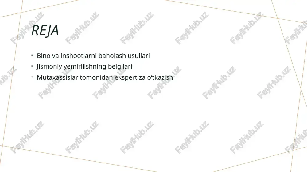 alan, 3d skanerlash va fotogrammetriya, aniq o'lchovlar va tasvirlarni ta'minlaydi. senzor texnologiyalari senzorlar, masalan, vibratsiya va harorat sensori, inshootlardagi o'zgarishlarni real vaqt rejimida kuzatib borishga yordam beradi, bu esa xavfsizlikni oshiradi. dronlar va uav dronlar va uav (nizomdan tashqari uchuvchi vositalar) binolarni yuqoridan baholash imkonini beradi, qiyin joylarga kirish va tezkor tahlil o'tkazishga yordam beradi. baholash usullarining samaradorligini tahlil qilish. baholash usullarining samaradorligi jismoniy yemirilmalarni aniqlashdagi muhim omil hisoblanadi. normativ va ekspert usullari, aniq kriteriyalar asosida, binolar va inshootlarning holatini baholashga yordam beradi. samarali usullar: - bino holatini ob'ektiv baholash; - raqamli texnologiyalardan foydalanish; - uzluksiz monitoring orqali nazorat. photo by soliman cifuentes on unsplash bino va inshootlar holatini baholashda statistik yondashuvlar. statistika asoslari bino va inshootlar holatini baholashda statistik usullar, ma'lumotlarni to'plash va tahlil qilish metodlarini o'z ichiga oladi. bu yondashuvlar ko'p yillik tajriba va bilimlarga asoslanadi. ma'lumotlarni yig'ish jismoniy yemirilishlarni aniqlash uchun statistik usullar orqali ma'lumotlar yig'iladi. bu …