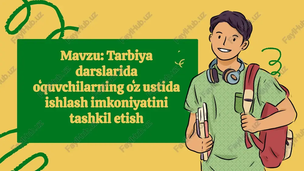 strategiyalar, masalan, o'z-o'zini baholash va refleksiya qilish, o'quvchilarga o'z ustida ishlash imkoniyatlarini oshiradi. o'quvchilar o'z bilimlarini mustahkamlash va yangi ko'nikmalarni o'zlashtirishda mustaqil ishlashlariga yordam beruvchi amaliyotlarni qo'llash muhimdir. bunday strategiyalar o'quvchilarni o'z-o'zini tartibga solish va o'z maqsadlariga erishish uchun kerakli ko'nikmalar bilan ta'minlaydi. o'quvchilarning o'z ustida ishlashini qo'llab-quvvatlaydigan metodlar sifatida guruhli muhokama va tajribaviy o'qitish usullarini keltirish mumkin. guruhli muhokamalar o'quvchilarga o'z fikrlarini bildirish va boshqalar bilan o'rtoqlashish imkoniyatini beradi, bu esa ularning o'z-o'zini rivojlantirish jarayonida yordam beradi. shuningdek, tajribaviy o'qitish orqali o'quvchilar real hayotiy vaziyatlarda yangi ko'nikmalarini sinab ko'rishlari mumkin. oʻquvchilarning motivatsiyasi oʻquvchilarning mustaqil ishlashga bo'lgan motivatsiyasini oshirish, ta'lim jarayonida muhim ahamiyatga ega. oʻquvchilarni o'z ustida ishlashga undash uchun bir nechta usullar mavjud: - **ma'lumotlarni taqdim etish:** oʻquvchilarga o'z maqsadlariga erishish uchun zarur bilim va ko'nikmalarni taqdim etish. - **o'z-o'zini baholash:** oʻquvchilarga o'z yutuqlarini baholash imkoniyatini berish, bu ularning o'z ustida ishlashga bo'lgan ishtiyoqini oshiradi. - **rejalashtirish:** mustaqil ishlar …
