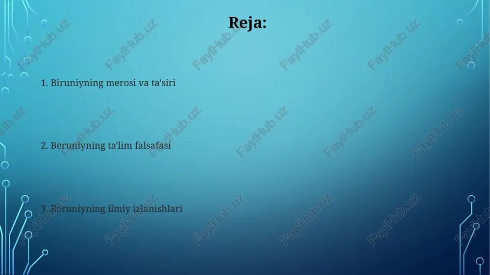 iya, tarix, farmatsevtika fanlarini oʻrgangan. astronomik kashfiyotlar uning ilmiy hissasi turli sohalarni qamrab oldi. u ekliptikaning moyilligini (yer o'qining qiyshayishini) aniq hisoblab chiqdi va samoviy mexanikani o'rgandi abu rayhon beruniy (973-1048), xorazm (hozirgi o'zbekiston)lik taniqli olim, yerning aylanasini yuqori aniqlikda (hozirgi qiymatdan 1% farq bilan) geometriya va turli joylardan olingan o'lchovlar yordamida aniqlagan holda, muhim astronomik kuzatishlar o'tkazgan matematik yutuqlar al-biruniy fizika (o'ziga xos og'irlikni o'lchash), mineralogiya (minerallarni va ularning xususiyatlarini aniqlash) va farmakologiya (dorivor o'simliklarni tahlil qilish) kabi turli sohalarga ulkan hissa qo'shgan. matematikadagi bilimi uning boshqa ilmiy yutuqlarining asosini tashkil etgan xorazmlik (hozirgi o'zbekiston) olim al-xorazmiy (973-1048) trigonometriya (masalan, sinus teoremasi hisoblashlari), geometriya (shar sirt maydonini hisoblash) va sonlar nazariyasida (π ning yaqinlashtirilgan qiymatlari) matematikaga katta hissa qo'shgan e'tiboringiz uchun rahmat @taqdimot_robot image3.jpg image4.jpg image5.jpg image6.jpg image7.jpg image8.jpg image2.png