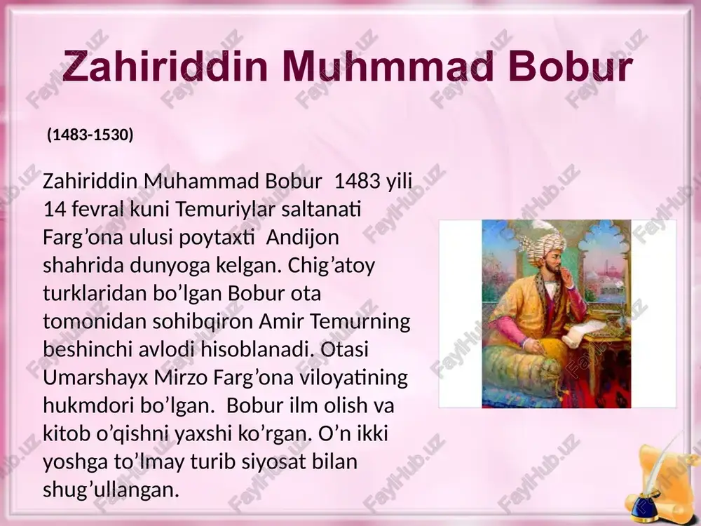 shkand-toshkent chir suvi-chirchiq xo‘qon-qo‘qon siyohob-soyob pashag‘ar-pishag‘ar quzor-g‘uzor shorju-chorjo‘y qubo-quva tarixiy kitoblar “humoyunnoma” “humoyunnoma” – boburning qizi, malika gulbadan begim tomonidan 16 asrning ikkinchi yarmida fors tilida yozilgan tarixiy asar. bobur alifbosi buyuk mutafakkir, shoir va davlat arbobi zahiriddin muhammad bobur 1504 yili kobulni egallaganidan so’ng o’zbek tili uchun maxsus alifbo yaratgan. bu alifbo “xatti boburiy” deb nomlangan. toj – mahal hindiston foydalangan adabiyotlar: “ma’naviyat yulduzlari” kitobi; internet resurslar; image3.jpeg image4.png image5.jpeg image6.jpeg image7.png image8.jpeg image9.jpeg image10.jpeg image11.jpeg image12.jpeg image13.jpeg image14.jpeg image15.jpeg image1.png image2.png /docprops/thumbnail.jpeg