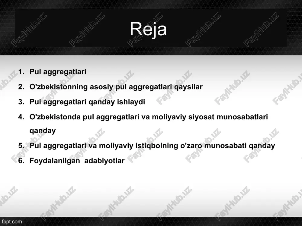 a moliyaviy resurslarning belgilangan turini o'z ichiga oladi va ularning o'zaro munosabatlarini ifodalaydi. pul aggregatlari, mablag'lar jamlanmasini muddatli va muddatsiz depozitlar, nakd mablag'lar va boshqa moliyaviy aktivlarning o'zaro bog'liqligini tahlil qilish uchun foydalaniladi. aggregatlar, moliyaviy siyosatning belgilanishida, daromad miqdori, inflatsiya darajasi, valyuta kurslarining nazorati, moliyaviy istiqbol va daromadning samaradorligi kabi moliyaviy tizimdagi holatni tushuntirishda muhimdir. o'zbekistonda eng mashhur pul aggregatlari m0, m1, m2, va m3 hisoblanadi. bu aggregatlar mablag'lar jamlanmasini bir nechta turdagi depozitlar va nakd mablag'lar o'rtasidagi munosabatni ifodalaydigan ko'rsatkichlar sifatida xizmat qiladi. moliyaviy tahlilatlar va moliyaviy siyosatni belgilashda, pul aggregatlari ko'rsatkichlarining o'zgarishi va dinamikasi moliyaviy o'zgarishlarni nazorat qilishda keng qo'llaniladi. pul aggregatlari o'zbekistonda pul agregatlariga ta'sir etuvchi omillar davlat xarajatlari va soliqqa tortish siyosati pul agregatlarining o'sish sur'atlariga ta'sir qiladi. iqtisodiy faollik sur'ati va yaimdagi o'zgarishlar pul agregatlari hajmiga ta'sir qiladi fiskal siyosat iqtisodiy o'sish ryad 1 kategoriya 1 kategoriya 2 kategoriya 3 kategoriya 4 4.3 2.5 3.5 …
