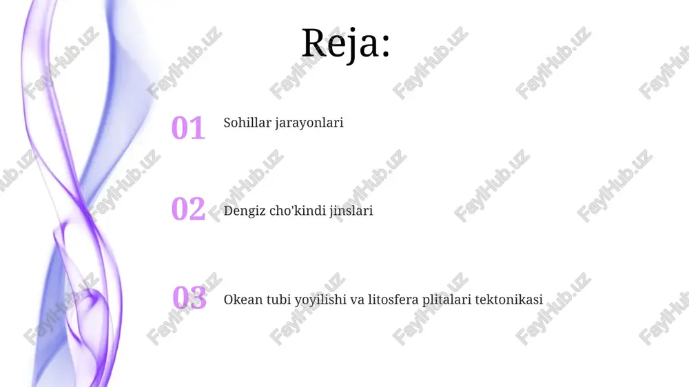 lqinlar eroziyasi (gidravlik ta'siri, aşınma) natijasida hosil bo'lgan dengiz qoyalari butun dunyo bo'ylab (masalan, dover qoyalari, angliya; 12 havoriy, avstraliya) qirg'oqlari bo'ylab tosh turiga (masalan, qumtosh, ohaktosh) va to'lqin energiyasiga qarab millimetrdan metr/yilgacha tezlikda quruqlikka qaytadi dengiz sathining o'zgarishi va qirg'oq chiziqlari okean geologik jarayonlari, masalan, litosfera plitalarining tektonikasi (masalan, okean ortasidagi tizmalar, subduksiya zonalari), suv osti kanyonlarini (monterey kanyoni), abissal tekisliklarni va vulkanik dengiz tog'larini yaratadi to'lqinlar, oqimlar (masalan, golfstrim, kuroşio oqimi), bo'ron to'lqinlari va dengiz sathining ko'tarilishi natijasida sohil eroziyasi va transgressiya, sediment tashish va cho'kmaga ta'sir qilib, to'siq orollari (shimoliy karolina shtatidagi outer banks) va estuariylar (chesapeake ko'rfazi) kabi landshaftlarni hosil qiladi qirg'oq cho'kindi jinslari okean jarayonlari, jumladan, to'lqinlar (masalan, fundi ko'rfazidagi 10m to'lqin balandligi), oqimlar (masalan, 2m/s tezlikdagi golfstrim) va to'lqinlar (masalan, 30m balandlikdagi sunami to'lqinlari) qirg'oq morfologiyasiga (masalan, ria qirg'oqlari, fyordlar) sezilarli ta'sir ko'rsatadi chuqur dengiz cho'kindi jinslari chuqur dengiz cho'kindi jinslari (masalan, shimoliy atlantika …