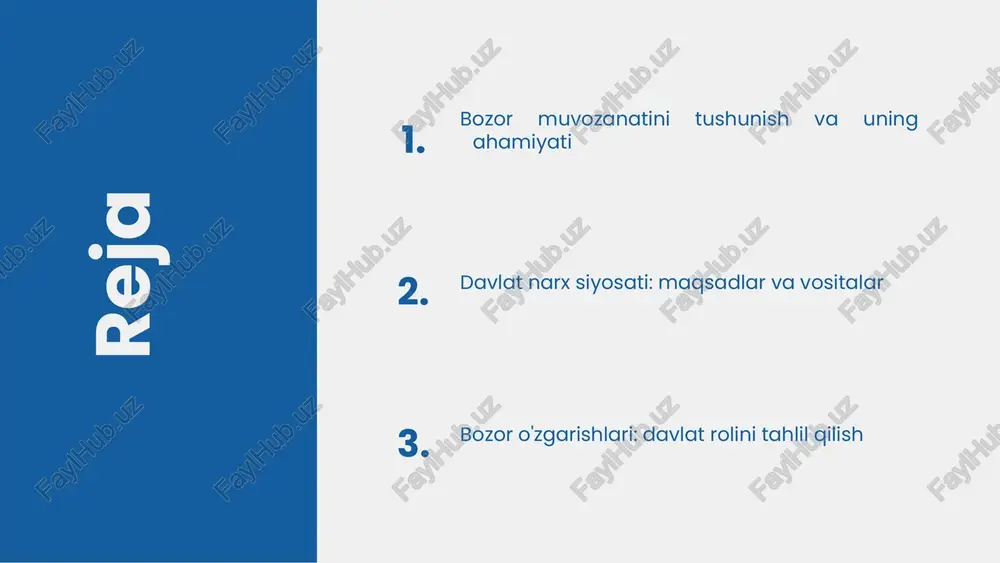 shlab chiqaruvchilarning ko'proq mahsulot ishlab chiqarishiga undaydi. bozor muvozanatini saqlash usullari - narx siyosati: davlat yoki tashkilotlar tomonidan narxlarni nazorat qilish bozor muvozanatini saqlashda muhim rol o'ynaydi. bu, iste'molchilar va ishlab chiqaruvchilar o'rtasidagi munosabatlarni muvozanatlashishga yordam beradi. - subsidiyalar: davlat tomonidan qo'llab-quvvatlash, mahsulotlarning narxini pasaytiradi va iste'molchilarga arzon narxlarda mahsulotlar olish imkonini beradi, shu bilan birga ishlab chiqaruvchilarni rag'batlantiradi. - raqobatni kuchaytirish: bozorni erkinlashtirish orqali raqobatni kuchaytirish muvozanatni saqlashda muhimdir, chunki bu mahsulotlarning sifatini oshiradi va narxlarni pasaytiradi. bozor muvozanati va davlat siyosati davlatning narx siyosati bozor muvozanatini saqlashda muhim rol o'ynaydi. narxlarni nazorat qilish orqali talab va taklif o'rtasidagi muvozanatni ta'minlash mumkin. o'zbekistonda davlat narx siyosati bir necha yo'nalishlarda amalga oshiriladi: birinchidan, davlat tomonidan belgilangan narxlar orqali asosiy oziq-ovqat mahsulotlari va xizmatlar narxlarini nazorat qilish; ikkinchidan, subyektlarga subsidiyalar va imtiyozlar taqdim etish orqali ishlab chiqarishni rag'batlantirish. masalan, oziq-ovqat mahsulotlari narxlarini nazorat qilish va aholi uchun qulay narxlarni ta'minlash maqsadida, …