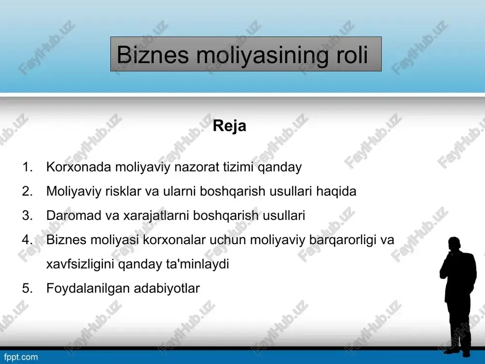 aydi. ular moliyaviy faoliyatning nazoratini olish, moliyaviy holatlarni tahlil qilish va boshqarishda yordam beradi. qonunchilik va standartlar: moliyaviy nazorat tizimi, qonunchilikni va moliyaviy standartlarni qo'llab-quvvatlaydi. bu standartlar va qonunchilik, korxonaning moliyaviy faoliyatini qonunlar va standartlar bo'yicha nazorat qilishda yordam beradi. moliyaviy nazorat tizimi korxonaning moliyaviy faoliyatini boshqarish, moliyaviy ma'lumotlarni himoya qilish va moliyaviy holatni nazorat qilishda kritik ahamiyatga ega bo'ladi. bu tizimlar, korxonaning moliyaviy faoliyatini himoya qilish va rivojlanishiga o'z hissasini bajaradi. moliyaviy risklar va ularni boshqarish usullari haqida risklarni identifikatsiya qilish: moliyaviy risklarni aniqlash va tasniflash, ularning korxonaga olib kelishi mumkin bo'lgan ta'sirlarini aniqlash uchun muhimdir. bu qadamda moliyaviy risklarni aniqlashda maqsadli o'rganish, hodisalar va sabablarni tahlil qilish jihatlaridan foydalaniladi. risklarni baholash va baholash: identifikatsiya qilingan risklarni ta'lim etish, ularning tajribasi va tashkilotdagi ta'sirlarini baholashga yordam beradi. moliyaviy risklarni tahlil qilish orqali ularni urg'uchilik darajasiga ko'tarish, ularning muammolarini o'rganish va ularni tizimli ravishda tartibga solish mumkin. risklarni boshqarish strategiyalari: …