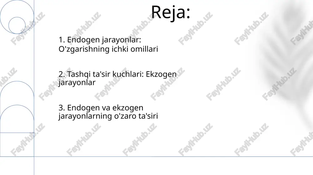 adi 3. endogen va ekzogen jarayonlarning o'zaro ta'siri chökma: togʻ etaklarida (masalan, oʻlim vodiysi) allüvial konuslari, daryo ogʻzlarida (masalan, nil delatasi) delta hosil boʻladi. muzlik morenalari (masalan, buyuk koʻllar hududi) saralanmagan choʻkindi jinslardan iborat eroziya (suv, shamol, muz): daryolar (masalan, kolorado daryosi grand kanyonni oʻyib tashlagan) choʻkindi jinslarni oqim boʻylab tashiydi. muzliklar (masalan, alyaska muzliklari) u-simon vodiy va morenalar hosil qiladi fizikaviy va kimyoviy ob-havo ta'siri: muzlash-erish (masalan, kaliforniyadagi yosemite vodiysida) va gidroliz kabi jarayonlar tog' jinslarini joyida parchalab, regolith hosil qiladi 4. geologiyaning ekzogen jarayonlariga misollar endogen jarayonlar millionlab yillar davomida tektonik jarayonlar orqali togʻlar (masalan, andes, rokki), vulkanlar (masalan, fujiyama, vezuviy) va okean havzalari (masalan, tinch okeani havzasining ~10 000 m chuqurligi) kabi yirik yer shakllarini yaratadi yerning chuqur qatlamlarida yuqori harorat va bosimda endogen jarayonlar (masalan, magmaning ~1000°c da hosil bo'lishi, mantiyaning ~670 km chuqurlikda konveksiyasi) sodir bo'ladi endogen jarayonlar yerning ichki issiqligi bilan bog'liq (masalan, o'rta …