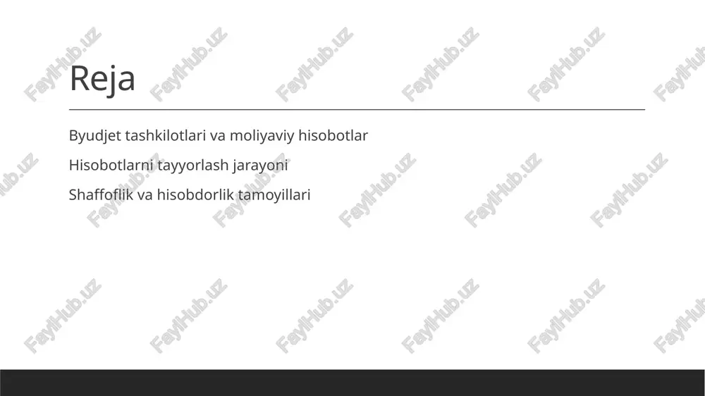 qilinadi va tasdiqlanadi, bu bosqichda moliyaviy hisobotlarning aniqligi va ishonchliligini ta'minlash muhimdir. hisobotlarni taqdim etishda muhim talablar va standartlar. hisobotlarning mohiyati hisobotlarni taqdim etishda moliyaviy ma'lumotlarning aniqligi va to'g'riligi muhimdir. bu, foydalanuvchilarga ishonch hosil qilish uchun zarur. standartlarga rioya moliyaviy hisobotlar xalqaro hisob standartlariga mos kelishi kerak, bu esa ularning taqdimotini bir xilda va tushunarli qiladi, shaffoflikni oshiradi. hisobotni taqdim etish hisobotlar auditorlar va jamoatchilikka taqdim etilganda, ular aniq va izchil bo'lishi zarur. bu, javobgarlikni oshiradi va ishonchni mustahkamlaydi. moliyaviy hisobotlarda shaffoflikni ta'minlash usullari. moliyaviy hisobotlarda shaffoflikni ta'minlash uchun bir qator usullar mavjud. ularning ichida: 1) harakatlar va natijalarni batafsil ochiqlash, 2) mustaqil audit o'tkazish, 3) moliyaviy ma'lumotlarni jamoatchilikka taqdim etish muhim ahamiyatga ega. bu usullar, davlat tashkilotlarining ishonchliligini oshiradi. photo by kelly sikkema on unsplash byudjet tashkilotlarining hisobotlarida hisobdorlikni oshirish yo'llari. 01 hisobotlarni tahlil qilish byudjet tashkilotlari hisobotlarini tahlil qilish orqali moliyaviy ko'rsatkichlar va xarajatlar haqida aniq ma'lumot olish …