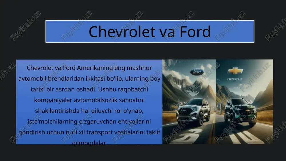 gib chiqdi. bugungi kunda ford o'zgaruvchan iste'molchilarning xohish-istaklariga mos keladigan yoqilg'i tejamkor, atrof-muhitga e'tibor qaratadigan avtomobillarni yaratish uchun yangi texnologiyalardan foydalangan holda jahon yetakchisi bo'lib qolmoqda. 4 chevrolet va ford avtomobillarini taqqoslash dizayn chevrolet o'zining jasur, muskulli konstruksiyalari bilan mashhur bo'lib, amerika kuchi va ishlashini aks ettiradi. bundan farqli o'laroq, ford avtomobillari ko'pincha aerodinamik samaradorlikka e'tibor qaratgan holda yanada nozik, murakkab estetikaga ega. texnologiya chevrolet oldinga to‘qnashuv haqida ogohlantirish va qatorni ushlab turish yordami kabi ilg‘or xavfsizlik texnologiyalarini taklif etuvchi ilg‘or haydovchiga yordam funksiyalarida yetakchilik qiladi. ford o'zining innovatsion ma'lumot-ko'ngilochar tizimi va ulanish imkoniyatlari bilan ajralib turadi. avtotransport chevrolet dvigatel kuchi va tortish quvvati bo'yicha o'zining yuk mashinalari va yo'ltanlamaslarini og'ir yuklarni bajarish uchun mashhur tanlovga aylantiradi. boshqa tomondan, ford o'zining tejamkor ecoboost dvigatellari bilan mashhur bo'lib, ular quvvat va samaradorlikning ajoyib uyg'unligini ta'minlaydi. ishonchlilik ikkala brend ham o'z avtomobillarining chidamliligi va ishonchliligini qadrlaydigan sodiq mijozlar bazasiga ega. biroq, ford …