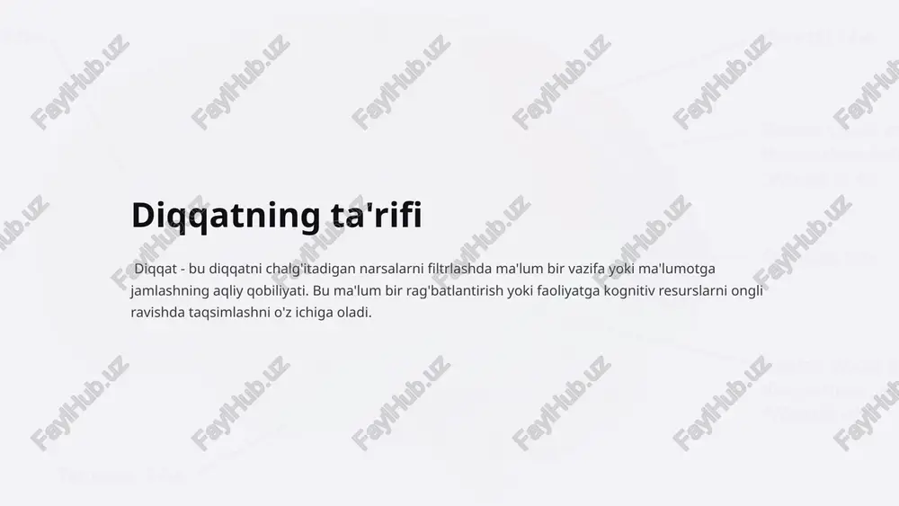 zifani bajarish qobiliyatining pasayishi. 3 doimiy e'tibor uzoq vaqt davomida unumdorlik, hushyorlik va qaror qabul qilish uchun juda muhimdir. 6 turli kontekstlarda e'tibor ta'lim samarali o'rganish, xotira va akademik ishlash uchun juda muhimdir. ish hosildorlik, qaror qabul qilish va topshiriqni bajarish uchun zarur. kundalik hayot dunyo bo'ylab sayohat qilish, ijtimoiy muloqotda qatnashish va xavfsizlikni saqlash qobiliyatimizga ta'sir qiladi. 7 diqqatni yaxshilash strategiyalari chalg'itadigan narsalarni minimallashtiring diqqatni saqlash uchun jismoniy va raqamli chalg'ituvchi manbalarni aniqlang va yo'q qiling. ehtiyotkorlikni mashq qiling o'z-o'zini anglashni kuchaytirish va diqqatni nazorat qilishni yaxshilash uchun aqliy mashqlar bilan shug'ullaning. tanaffuslar qiling aqliy charchoq va charchoqning oldini olish uchun muntazam ravishda qisqa tanaffuslar qiling. rutinlarni ishlab chiqish yo'naltirilgan ish uchun qulay muhit yaratish uchun izchil tartib va odatlarni o'rnating. 8 xulosa diqqat - bu bizning murakkab dunyomizda harakat qilish va rivojlanishimizga imkon beradigan asosiy kognitiv jarayon. diqqatning turlari, omillari va nevrologik asoslarini tushunib, biz turli sohalarda diqqatimizni, …