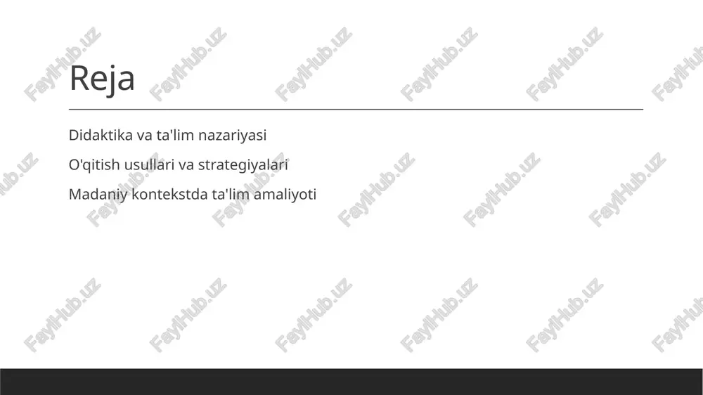 larning tanqidiy fikrlash qobiliyatini rivojlantiradi. o'qitish strategiyalarida didaktikaning roli va ahamiyati. didaktik asoslar o'qitish usullari kulturaviy moslashuv didaktik asoslar, ta'lim strategiyalarining samaradorligini oshirish uchun muhimdir. ular o'qitish jarayonida o'quvchilarning ehtiyojlarini inobatga oladi. o'qitish usullari didaktikaning nazariy asoslari orqali shakllanadi. bu usullar o'quvchilarning faol ishtirokini ta'minlaydi va ularni yanada motivatsiya qiladi. didaktika, o'quvchilarning madaniy kontekstini e'tiborga olgan holda, ta'lim strategiyalarini moslashtirishga yordam beradi. bu, ta'lim jarayonining samaradorligini oshiradi. ta'lim nazariyasining rivojlanishi: tarixiy va zamonaviy yondashuvlar. ta'lim nazariyasining tarixi ta'lim nazariyasi tarixiy rivojlanishi qadim zamonlardan boshlanib, arifmetika va mantiqdan tortib, zamonaviy pedagogikaga qadar uzluksiz davom etgan. zamonaviy yondashuvlar bugungi kunda ta'lim nazariyasida zamonaviy yondashuvlar, masalan, konstruktivizm va aktiv o'qitish usullari keng qo'llanilmoqda, talabalarning faol ishtirokini ta'minlaydi. tarixiy yondashuvlar tarixiy yondashuvlar, masalan, klassik ta'lim tizimlari, o'qituvchini markazga qo'yib, passiv o'qitish usullariga asoslangan, lekin hozirda kamdan-kam qo'llaniladi. o'zbekiston konteksti o'zbekistonda ta'lim nazariyasining rivojlanishi mahalliy an'analar va madaniyatga asoslangan yondashuvlarni o'z ichiga oladi, bu esa …