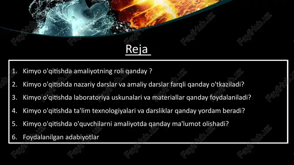 radi. ta'lim motivatsiyasi: amaliyotlar o'quvchilarning ta'lim motivatsiyasini oshirishda katta roli oynaydi. o'quvchilar laboratoriya ishlari yordamida o'zlashtirishlarini ko'rsatish, kimyo bilimlarini amalda o'rganish va ko'proq munosabat qo'lish orqali qiziqishlarini oshirishadi. qo'shimcha umumiy qiyofalar: amaliyotlar laboratoriya ishlari yordamida o'quvchilarni laboratoriya xodisalariga tayyorlashadi, ijodiy va analitik fikrlashlarini rivojlantiradi va ko'proq umumiy qiyofalarini oshiradi. this presentation uses a free template provided by fppt.com www.free-power-point-templates.com kimyo o'qitishda nazariy darslar va amaliy darslar farqli qanday o'tkaziladi kimyo o'qitishda nazariy darslar va amaliy darslar o'quvning ikkala tomonini ta'minlash va kimyo bilimini o'rganishning muhim qismlarini o'tkazishda farqli usullarni o'z ichiga oladi. quyidagi tushunchalar kimyo o'qitishda nazariy va amaliy darslar o'tkazilishi orasidagi farqli jihatlarni tushuntiradi: nazariy darslar: nazariy darslar, kimyo konseptlarini, qonunlarini, modellarini, va kimyo ko'nikmalarni o'rgatishga yo'l beradi. o'quvchilar kimyo haqida teoritik bilim olishadi. bu darslar ma'ruzalarni, matematik modellarini, jadval va graflarni o'rganish, kimyo konseptlarini tushuntirish va shu konseptlarni boshqa fanlar bilan bog'lab, kimyo so'zlashni o'rganishdan iborat bo'ladi. this …