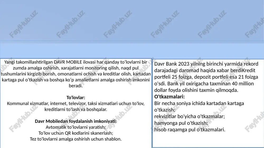 jaat va shikoyatlar barcha kreditlar «mikroqarz 100»‎ mikroqarz «online 50»‎ mikrokredit «biznes mikrokredit - 2»‎‎ kredit «yashil energiya» avtokredit «elektro car» avtokredit «davr standart - 2» barcha omonatlar/depozitlar muddatli omonat «ishonchli daromad» muddatli omonat «imkoniyat» muddatli omonat «silver» muddatli omonat «kafolat» muddatli omonat «optimal» muddatli omonat «yorqin» xatb “davr bank” maqsadi umumjahon va barqaror moliya instituti sifatida bank xizmatlari bozorida mustahkam mavqega erishing. bizning maqsadimiz barqarorlikni saqlash, doimo ishonchli hamkor bo‘lish, kelajakdagi faoliyatini mijozlarimiz manfaati yo‘lida puxta rejalashtirishdir. yaxshi nom yillar davomida mashaqqatli mehnat bilan erishgan yaxshi nomimizni qadrlaymiz. bizning mijozlarimiz bilishadi: “davr bank” xatb ishonchlilik va halollikni anglatadi. biz bu munosabatni qadrlaymiz va yaxshi nom bizning kapitalimiz ekanligini tushunamiz. biz pulni boshqarish axloqiy bo'lishi kerak va pulning o'zi ijodiy maqsadlarda ishlashi kerak deb hisoblaymiz. halollik biz o'zimizga va boshqalarga nisbatan hurmat bilan harakat qilishga intilamiz. biz mijozlar, hamkorlar va investorlarga hamkorlikning shaffof shartlarini taklif qilamiz. mijoz bilan ishonchli munosabatlar …