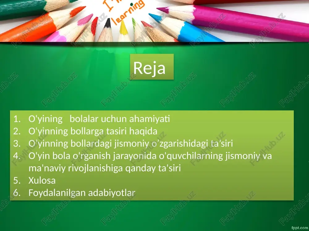 ib borsalar, bu yoshdagi bolalar narsa va buyumlar nomini, nimaga ishlatilishini bilib oladilar va bu yangi bilimlarni o`z o`yinlarida qo`llay boshlaydilar. bu yoshdagi bolalar o`yini mazmuni jihatidan predmetli faoliyatni aks ettiradi. jismoniy rivojlanish: o'yin bola faoliyati jismoniy faollikni oshiradi. ular o'quvchilarni futbol, basketbol, voleybol kabi sport turlari orqali jismonan faol harakatlarga yo'l qo'ydilar. bunday faoliyatlar o'quvchilarning sport va yog'ochlarini rivojlantiradi, energiyalarini sarflaydi va jismoniy tarbiyalashlarini yaxshilaydi. ko'nikma va strategik o'ylash: o'yinlar bola o'quvchilarga ko'nikma va strategik o'ylashni o'rgatadi. ular qabul qilish, maslahatlashish, biror maqsadga erishish uchun strategiyalar rivojlantirish va kelgusidagi harakatlarni boshqarish kabi ko'nikmalarini oshiradi. o’yinning bollardagi jismoniy o’zgarishidagi ta’siri kuchli jismoniy faollik: o'yinlar bola o'quvchilarga keng jismoniy faollik imkoniyatlarini taklif etadi. ular futbol, basketbol, voleybol va boshqa sport turadagi faoliyatlar orqali jismoniy kuchni oshirishga yordam beradi. bu esa ularning kuchli jismoniy tizimlarni rivojlantiradi va energiyalarini sarflaydi. jismoniy rivojlanish: o'yinlar bola faoliyati o'quvchilarning jismoniy rivojlanishiga ta'sir ko'rsatadi. jismoniy faolliklar ularning …