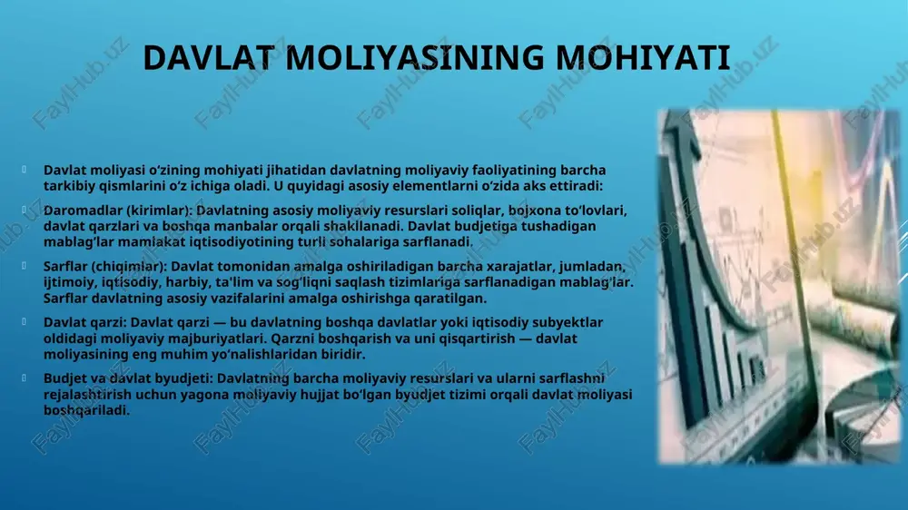 i ta'minlashga xizmat qiladi. davlatning siyosiy va huquqiy funksiyalari: davlat moliyasi orqali davlat o‘zining siyosiy vazifalarini, shu jumladan, xavfsizlikni ta'minlash, fuqarolik huquqlarini himoya qilish va boshqa davlat boshqaruv funksiyalarini amalga oshiradi. moliyaviy resurslar, shuningdek, davlatning xalqaro maydondagi siyosiy ta'sirini kuchaytirishga ham yordam beradi. resurslarni taqsimlash: davlat moliyasi orqali davlat turli iqtisodiy sektorlarga resurslarni taqsimlash va iqtisodiy o‘sishni boshqarish vazifasini bajaradi. masalan, sanoat, qishloq xo‘jaligi, transport, ta'lim va sog‘liqni saqlash kabi sohalarga ajratiladigan mablag‘lar orqali davlat ijtimoiy va iqtisodiy rivojlanishni ta'minlaydi. uzluksiz iqtisodiy rivojlanish uchun zarur mablag‘larni ta'minlash: davlat moliyasi uzoq muddatli iqtisodiy strategiyalarni ishlab chiqish va amalga oshirish uchun zarur bo‘lgan mablag‘larni yaratadi. davlatning iqtisodiy va infratuzilma loyihalariga sarflanadigan mablag‘lar orqali mamlakat rivojlanishi ta'minlanadi. davlat qarzi va moliyaviy barqarorlik: davlat moliyasining bir qismi bo‘lgan qarz boshqaruvi orqali davlat moliyaviy barqarorligini saqlash va qarzlarni samarali boshqarish vazifasini bajaradi. yuqori davlat qarzi mamlakatning iqtisodiy holatini xavf ostiga qo‘yishi mumkin, shuning uchun bu …