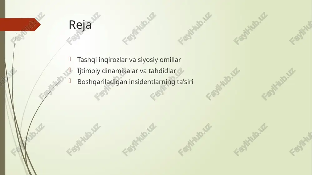 o'rsatishi mumkin. 03 ijtimoiy dinamikalar ijtimoiy dinamikalar, masalan, iqtisodiy muammolar, ijtimoiy adolatsizlik va siyosiy islohotlar, tashqi inqirozlarning kelib chiqishiga olib keladi. bu omillar jamoatchilik fikrini shakllantiradi. 04 o'zbekistondagi misollar o'zbekistonda jazolash, iqtisodiy cheklovlar va siyosiy beqarorlik tashqi inqirozlarning paydo bo'lishiga sabab bo'lgan misollardir. bu holatlar xalqaro aloqalarga ta'sir ko'rsatadi. tashqi inqirozlar kontekstida siyosiy strategiyalar va ularning natijalari. 1 siyosiy strategiyalar - tashqi inqirozlar davrida siyosiy strategiyalar muhim rol o'ynaydi, ularning maqsadi inqirozlarni boshqarish va barqarorlikni ta'minlashdir. 2 natijalar va ta'sir - har bir siyosiy strategiyaning natijalari, iqtisodiy va ijtimoiy sohalarda uzoq muddatli ta'sir ko'rsatishi mumkin, bu esa jamiyatni barqarorlashtirishda muhimdir. 3 o'zbekiston misollari - o'zbekistonda tashqi inqirozlar kontekstida qilingan strategik qarorlar, mintaqaviy barqarorlikni ta'minlashda muhim misollar keltiradi, bu tajriba o'rganishga loyiqdir. tashqi inqirozlar: o'zbekistondagi siyosiy omillar va global ta'sir. o'zbekistonning siyosiy omillari o'zbekistonda tashqi inqirozlar siyosiy omillar, masalan, hukumat siyosati, xalqaro aloqalar va ichki stabilitet orqali kuchli ta'sir o'tkazadi. global …