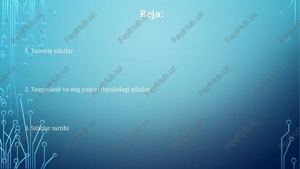 "uchta ulkan misr piramidasi" yoki "kichik, qizil, yog'och o'yinchoq mashina" kabi narsalarning tasvirini boyitadi. so'roq olmoshlari: bu so'zlar savol beradi. masalan, "qaysi?", "qanday?", "kimniki?". "qaysi tarixiy bino?", "kimning qadimiy misr asari?" miqdor, son yoki egalikni aniqlaydigan sifatlar. masalan: artikllar ("a", "an", "the"); ko‘rsatish olmoshlari ("this", "that", "these", "those"); egalik olmoshlari ("my", "your", "his", "her", "its", "our", "their"); sonlar ("one", "two", "three", "first", "second", "third"); va noaniq olmoshlar ("some", "many", "few") e'tiboringiz uchun rahmat @taqdimot_robot image1.png image2.png image3.png image4.png image5.png