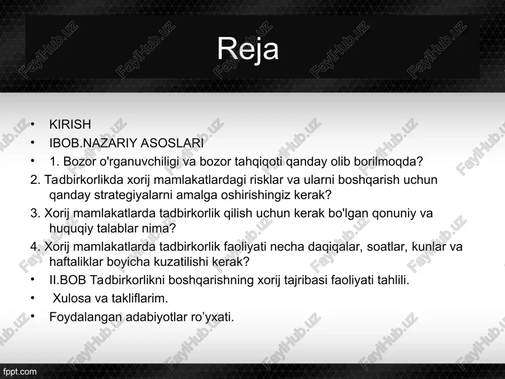 ilgan. bu maqola xorij tajribasining tadbirkorlik boshqarishida ahamiyati va uning yaratilishi, o'rganganlar uchun qanday foydali bo'lishi haqida gaplashadi. mavzuga kirish qismi xalqaro bozorlarda tadbirkorlar uchun yangi imkoniyatlarni o'rganishning muhimligini ta'kidlaydi. mavzuni tushuntirish maqolani bir qatorda ifodalaydi: "bu maqola, xorij mamlakatlardagi tadbirkorlikni boshqarishning xorij tajribasini o'rganishning muhimligi va boshqa moliyaviy boshqaruv asoslari bilan bog'liqdir." ibob.nazariy asoslari about russia: capital: moscow. largest cities: moscow, saint petersburg, novosibirsk, yekaterinburg, nizhny novgorod, kazan, chelyabinsk, samara, omsk, rostov-na-donu, ufa, krasnoyarsk, perm, voronezh, volgograd. area: ~ 17,125,191 sq km (6,612,073 sq mi) population: ~ 147,000,000. official languages: russian. currency: russian ruble. bozor tahqiqoti maqsadni aniqlash: birinchidan, qanday maqsadlarga erishishni istaysizmi? yangi bozorni kashf etish, mavjud bozorni o'zgartirish, yangi mahsulotlar yaratish yoki xizmatlar taklif etishni istaysizmi? maqsadlaringizni tushunish zarur. tahminiy bozorlar: ma'lum bir geografiyada, niyob, yoshlar guruhi, sanoat, yoki mahsulot bo'yicha potentsial bozorlarni tanilash uchun tadqiqot va tahqiqot boshlanadi. bu tahqiqotlar mavjud bozor, mahsulotlar, xizmatlar, rivojlanish tendensiyalari, …