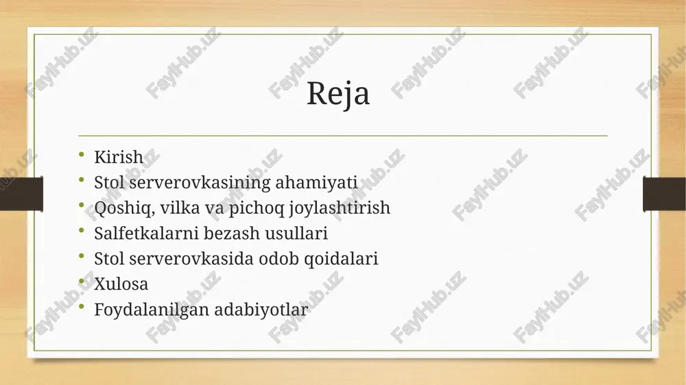 rda qo‘llaniladi. idish-tovoqlar qat’iy qoidalarga muvofiq joylashtiriladi, oldindan belgilangan menyu bo‘yicha taomlar taqdim etiladi. norasmiy (informal) – tug‘ilgan kun, oilaviy bayramlar uchun. idishlar oddiy tartibda joylashtiriladi, rasmiy qoidalar shart emas, menyu erkin shakllanadi. bufet (furshet) – korporativ tadbirlar va katta yig‘inlarda. mehmonlar ovqat va ichimliklarni o‘zlari tanlab oladilar, stol ustida gazaklar joylashtiriladi. stol ustiga qo‘yiladigan asosiy buyumlar idish-tovoqlar – ovqat va ichimliklar uchun likopchalar, stakanlar, qadahlar. oshxona anjomlari – vilka, pichoq, qoshiq. bezak elementlari – gullar, shamlar, tematik bezaklar. salfetkalar – oddiy yoki bezakli shaklda. stol choyshabi (skater) – toza, bayram mavzusiga mos mato. stol ustiga choyshab (skater) tanlash rang va dizayn – bayram mavzusiga mos, muvofiqlashtirilgan rang tanlanadi. material – paxta, zig‘ir yoki sun’iy ipak tavsiya etiladi. tozalik va silliqlik – dog‘ va burmalarsiz bo‘lishi kerak. o‘lcham – stolni to‘liq yopishi yoki ozgina osilib turishi lozim. yaxshi tanlangan choyshab stol bezaklarini yanada chiroyli va bayramona qiladi. ✨ likopchalar joylashtirish …