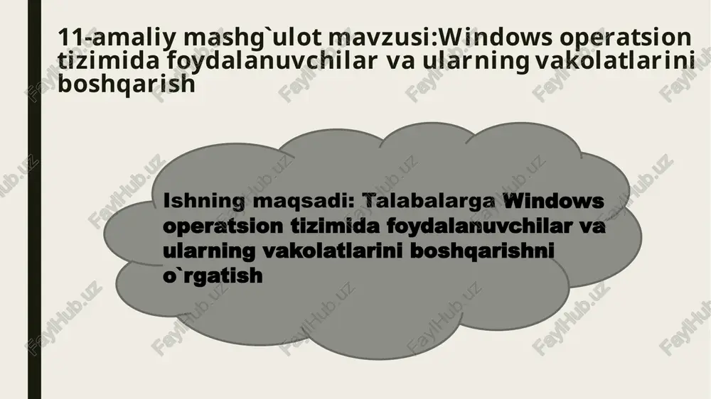 istrator) tizim ustidan to‘liq nazoratga ega. dasturlarni o‘rnatadi va o‘chiradi. foydalanuvchilarni qo‘shadi yoki o‘chiradi. xavfsizlik sozlamalarini o‘zgartira oladi. oddiy foydalanuvchi (standard user) faqat o‘z hisobida dasturlarni ishga tushirishi, shaxsiy fayllari bilan ishlashi mumkin. tizim fayllariga yoki boshqa foydalanuvchilar ma’lumotlariga kirish huquqiga ega emas . windowsda foydalanuvchilarni boshqarish uchun bir nechta vositalar mavjud. eng mashhurlari: control panel → user accounts computer management → local users and groups settings → accounts command prompt (net user) powershell (new-localuser, add-localgroupmember) 3.1. yangi foydalanuvchi yaratish control panel orqali: “user accounts” bo‘limiga kiriladi. “manage another account” tanlanadi. “add a new user” orqali yangi foydalanuvchi yaratiladi. komanda qatori orqali: net user yangi_foydalanuvchi parol /add powershell orqali: new-localuser "ali" -password (convertto-securestring "1234" -asplaintext -force) 3.2. foydalanuvchini guruhga qo‘shish net localgroup administrators ali /add bu buyruq “ali” nomli foydalanuvchini administratorlar guruhiga qo‘shadi. foydalanuvchi hisoblarini yaratish va boshqarish guruh — bu bir nechta foydalanuvchilarning to‘plami bo‘lib, ularning huquqlari bir xil …
