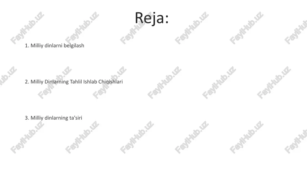 marosimlarni birlashtiradi (masalan, karnaval) millat dinlari, masalan, yaponiyadagi shinto (buddizm bilan birga) yoki bir qancha sharqiy osiyo davlatlaridagi konfutsiyatchilikning tarixiy roli, millatning oʻz-oʻzini anglashi va madaniy birligiga bevosita hissa qoʻshadi millat dinlarining ijtimoiy-siyosiy ta'siri millat dinlari siyosiy hokimiyat tuzilmalariga katta ta'sir ko'rsatib, ko'pincha diniy va dunyoviy hokimiyatlar o'rtasida ziddiyatlarga olib keladi (masalan, fransiyadagi laïcité bahslari) davlat tomonidan milliy dinlarni qo'llab-quvvatlash (masalan, yevropaning ba'zi mamlakatlarida cherkovlarga moliyaviy yordam) resurslar tengsizligiga va ijtimoiy bo'linishga olib kelishi mumkin milliy dinlarga tarixiy misollar qadimgi rim (mil. av. 753 – mil. 476): davlat dini imperatorga sigʻinish va yupiter, mars, minerva kabi xudolarga ibodatga asoslangan; butun imperiyada rim marosimlari va bayramlar oʻtkazilgan; boshqa dinlarni (masalan, dastlabki masihiylarni) bostirish mojarolarga olib kelgan millat dinlarining kelajagi din milliyatchiligining (masalan, hindistondagi hind milliyatchiligi, isroildagi masihiy sionizmi) o'sishi jahon siyosati va inson huquqlariga ta'sir qilmoqda e'tiboringiz uchun rahmat @taqdimot_robot image4.jpg image5.jpg image6.jpg image7.jpg image8.jpg image9.jpg image10.jpg image1.jpeg image2.jpeg