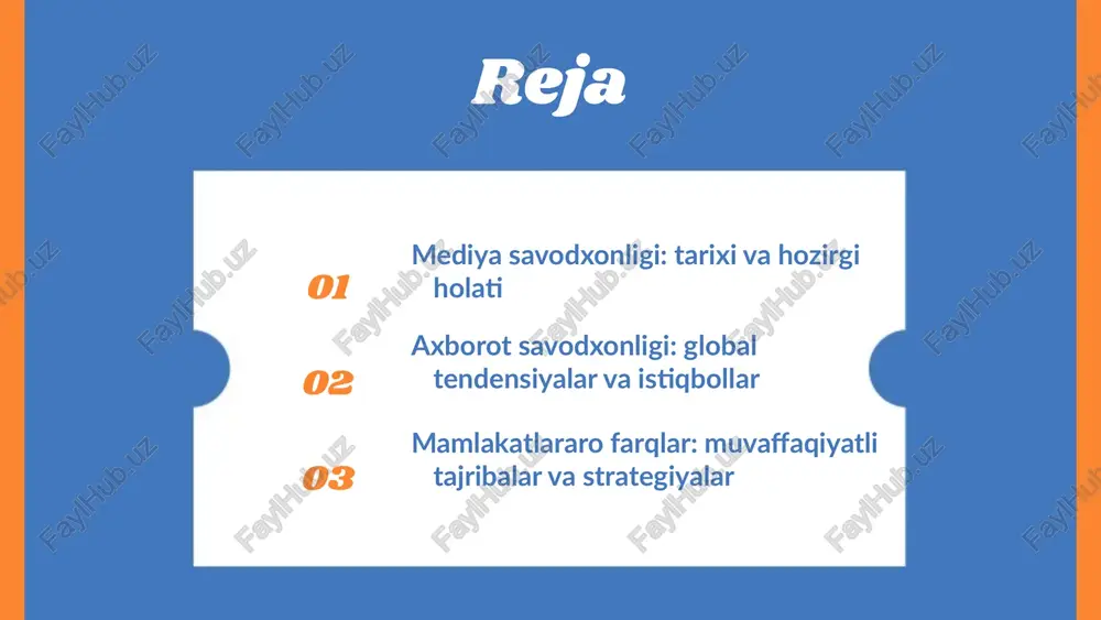 lik va jamiyat o'zbekiston va boshqa mamlakatlar statistik ma'lumotlar media savodxonlikning asosiy asoslari asosiy tushunchalar va tamoyillar muqaddima o'quvchilar uchun savodxonlik ko'nikmalarini rivojlantirish photo by altumcode on unsplash photo by altumcode on unsplash photo by altumcode on unsplash dunyo mamlakatlaridagi media savodxonlik media savodxonlik dasturlari turli mamlakatlarda, masalan, yaponiya va germaniyada media savodxonlik dasturlari yoshlar uchun axborot manbalarini tahlil qilish va baholash ko'nikmalarini oshirishga qaratilgan. bu dasturlar orqali talabalar axborotni samarali ishlatish va noto'g'ri ma'lumotlardan himoyalanish imkoniyatiga ega bo'lmoqdalar. muvaffaqiyatli misollar yaponiya va germaniyada amalga oshirilgan dasturlar muvaffaqiyatli natijalar ko'rsatmoqda. misol uchun, yaponiya maktablarida o'quvchilar media savodxonlikni o'rganish jarayonida to'g'ridan-to'g'ri amaliyotda ishtirok etishadi, bu esa ularning tanqidiy fikrlash qobiliyatlarini rivojlantiradi. germaniyada esa, dasturlar axborot manbalarini baholash va ularning ishonchliligini tekshirishga qaratilgan. kelajakda rivojlanish yo'nalishlari o'zbekistonda media savodxonlikni rivojlantirish uchun ta'lim tizimida yangi dasturlarni joriy etish zarur. yoshlarni zamonaviy axborot texnologiyalaridan foydalanishga o'rgatish va ularni axborot manbalarini tanqidiy baholashga o'rgatish muhim …