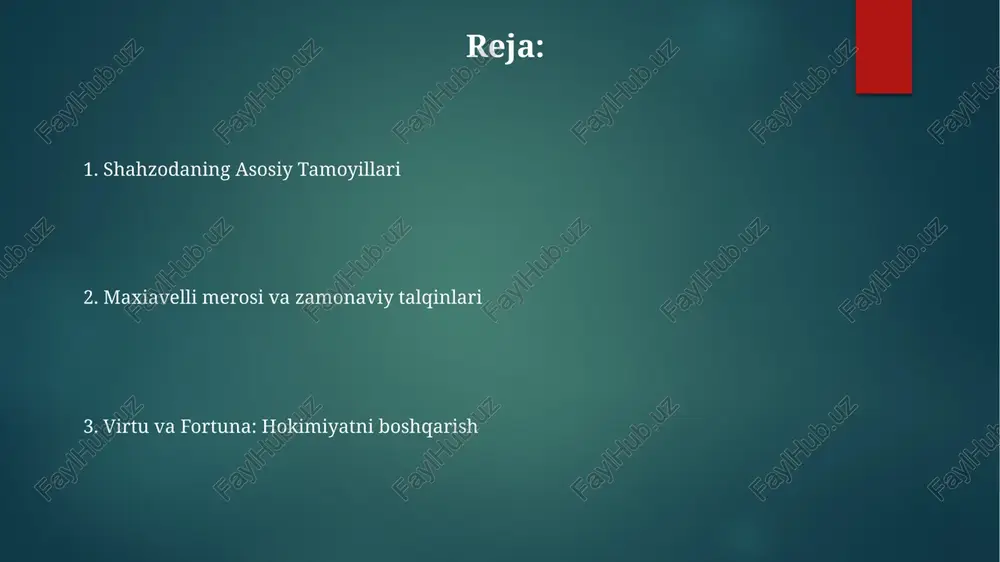 ilishni (masalan, raqiblarni o'ldirish, shartnomalarni buzish) targ'ib qiladi; turli italyan shahar-davlatlarida samarali rahbarlikni misol qilib ko'rsatib, tarixiy misollarni tahlil qilib, asrlar davomida siyosiy falsafaga ta'sir ko'rsatadi. maxiavellining "shahzoda" (1532) asari florensiya, milan va neapol kabi italiya knyazliklarida hokimiyatni qo'lga kiritish va saqlashni tahlil qiladi, xv asrda romagnada sezar borjaning shafqatsiz taktikasini o'z ichiga olgan hukmdorlar uchun strategiyaga e'tibor qaratadi. samarali hukmdorlar axloqdan ko'ra hokimiyatni ustuvor deb bilishadi, turli hududlarda fuqarolarni boshqarish va zarurat bo'lganda kuch ishlatishda virtù (mahorat va kuch)ni fortuna (taqdir/imkoniyat)ga moslashtirishda qo'llashadilar, bu 16-asr siyosiy fikriga ta'sir ko'rsatgan. tashqi qiyofaning ahamiyati machiavelli fikricha "hukmdor"da samarali hukmdorlar o'zlarini vaziyatga moslashtirib, ehtiyotkorlik bilan yaratilgan qiyofani namoyish qilishadi; cesare borgia misolida ko'rinib turibdiki, bu yondashuv uyg'onish davri italiyasining raqobatbardosh muhitida hokimiyatni qo'lga kiritish va saqlashning pragmatik tabiati haqida hikoya qiladi. shahzoda asarida kuchli, hatto sunʼiy bo'lsa ham, jamoatchilik qiyofasini saqlash muhim; nikkolo makiavelli milan va neapol kabi italiya shahar-davlatlarida hokimiyatni qo'lga …