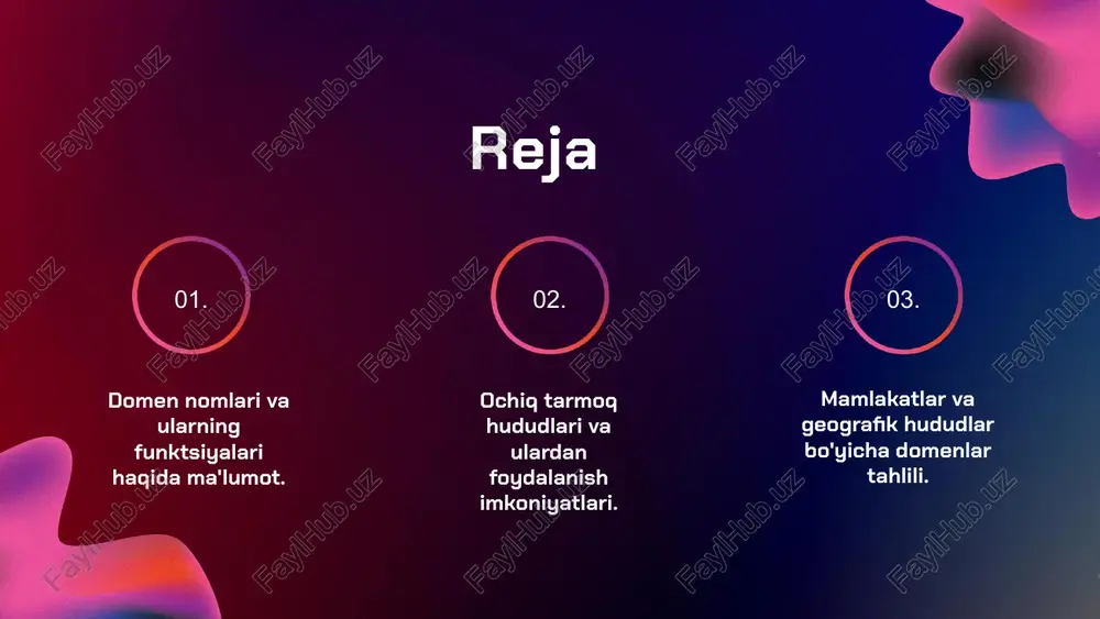 nlash muhimdir. 3. ro'yxatdan o'tkazish jarayonini boshlash: tanlangan registrar orqali zarur ma'lumotlarni to'ldirib, to'lovni amalga oshiring. 4. domen nomini tasdiqlash: ro'yxatdan o'tkazishdan so'ng, elektron pochta orqali domen nomini tasdiqlashingiz kerak. o'zbekistonda domen nomlarini ro'yxatdan o'tkazish uchun o'zbekiston respublikasi axborot texnologiyalari va kommunikatsiyalarini rivojlantirish vazirligi tomonidan tasdiqlangan xizmatlar mavjud. ro'yxatdan o'tkazish xarajatlari 100 000 so'mdan boshlanadi va jarayon odatda 3-5 ish kuni ichida amalga oshiriladi. bunda, xarajatlar va muddatlar registrarning shartlariga qarab farq qilishi mumkin. domen nomlari va ularning geografik hududlar bilan aloqasi geografik hududlar asosida domenlar mamlakatlarning o'ziga xos identifikatsiyalarini ta'minlaydi. masalan, .ru rossiya, .us esa amerika qo'shma shtatlari uchun ishlatiladi. bu kodlar mamlakatlar o'rtasida internet resurslarini ajratish va tanitishda muhim ahamiyatga ega. o'zbekistonning domen kodi .uz bo'lib, bu mamlakatning internetda o'z o'rnini belgilaydi va mahalliy resurslarga kirishni osonlashtiradi. keng imkoniyatlar ochiq tarmoq hududlari foydalanuvchilarga internetga erkin kirish imkonini beradi, bu esa yangi xizmatlar va resurslarga kengaytiradi. bu imkoniyatlar, domen …