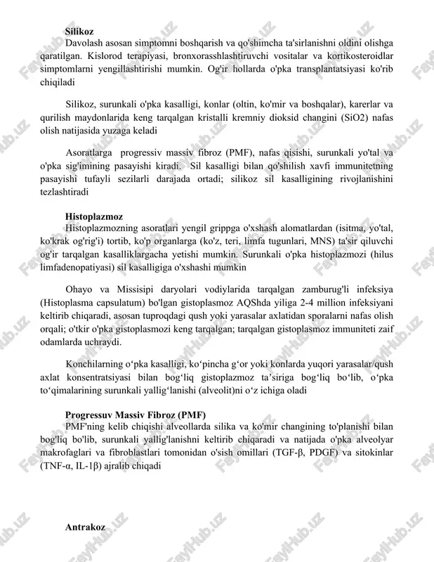 hni oldini olishga qaratilgan. kislorod terapiyasi, bronxorasshlashtiruvchi vositalar va kortikosteroidlar simptomlarni yengillashtirishi mumkin. og'ir hollarda o'pka transplantatsiyasi ko'rib chiqiladi silikoz, surunkali o'pka kasalligi, konlar (oltin, ko'mir va boshqalar), karerlar va qurilish maydonlarida keng tarqalgan kristalli kremniy dioksid changini (sio2) nafas olish natijasida yuzaga keladi asoratlarga progressiv massiv fibroz (pmf), nafas qisishi, surunkali yo'tal va o'pka sig'imining pasayishi kiradi. sil kasalligi bilan qo'shilish xavfi immunitetning pasayishi tufayli sezilarli darajada ortadi; silikoz sil kasalligining rivojlanishini tezlashtiradi histoplazmoz histoplazmozning asoratlari yengil grippga o'xshash alomatlardan (isitma, yo'tal, ko'krak og'rig'i) tortib, ko'p organlarga (ko'z, teri, limfa tugunlari, mns) ta'sir qiluvchi og'ir tarqalgan kasalliklargacha yetishi mumkin. surunkali o'pka histoplazmozi (hilus limfadenopatiyasi) sil kasalligiga o'xshashi mumkin ohayo va missisipi daryolari vodiylarida tarqalgan zamburug'li infeksiya (histoplasma capsulatum) bo'lgan gistoplasmoz aqshda yiliga 2-4 million infeksiyani keltirib chiqaradi, asosan tuproqdagi qush yoki yarasalar axlatidan sporalarni nafas olish orqali; o'tkir o'pka gistoplasmozi keng tarqalgan; tarqalgan gistoplasmoz immuniteti zaif odamlarda uchraydi. konchilarning …