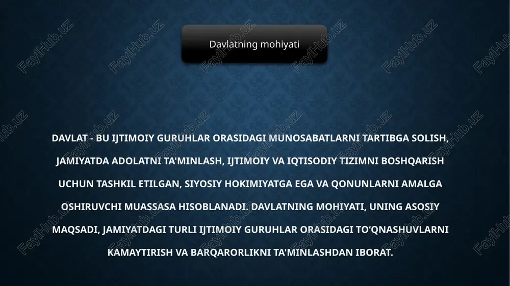 rtnomalar tuzish tashqi xavfsizlikni ta'minlash davlat iqtisodiy rivojlanishni ta'minlash, bozorni tartibga solish va fuqarolarga iqtisodiy farovonlik yaratish uchun bir qancha chora-tadbirlarni amalga oshiradi. bu funksiya: iqtisodiy siyosatni yuritish (inflyatsiya, ishsizlikni kamaytirish) soliq tizimini boshqarish iqtisodiy inqirozlarni oldini olish milliy iqtisodiyotni rivojlantirish uchun qonunlarni ishlab chiqish iqtisodiy boshqaruv ijtimoiy funksiyalar: davlat aholi salomatligini, ta'limni, ijtimoiy himoya tizimini va tenglikni ta'minlashga qaratilgan bir qator chora-tadbirlarni amalga oshiradi. bu funksiya: sog‘liqni saqlash tizimini yaratish va boshqarish ta'lim tizimini tashkil etish ijtimoiy himoya va yordam (pensiya, nafaqa, subsidiya) aholining ijtimoiy tengligini ta'minlash qonun yaratish va ijro etish: davlatning qonun yaratish va ijro etish funksiyasi jamiyatdagi ijtimoiy munosabatlarni tartibga solish, fuqarolar o‘rtasida adolatni ta'minlash va qonun ustivorligini yaratish uchun amalga oshiriladi. bu funksiya: qonunlarni ishlab chiqish va qabul qilish (parlament orqali) qonunlarni ijro etish (hukumat tomonidan) sud tizimini boshqarish va adolatni ta'minlash fuqarolar huquqlarini himoya qilish madaniyat va ilm-fanni rivojlantirish: davlat madaniyat, ilm-fan va san'atni …
