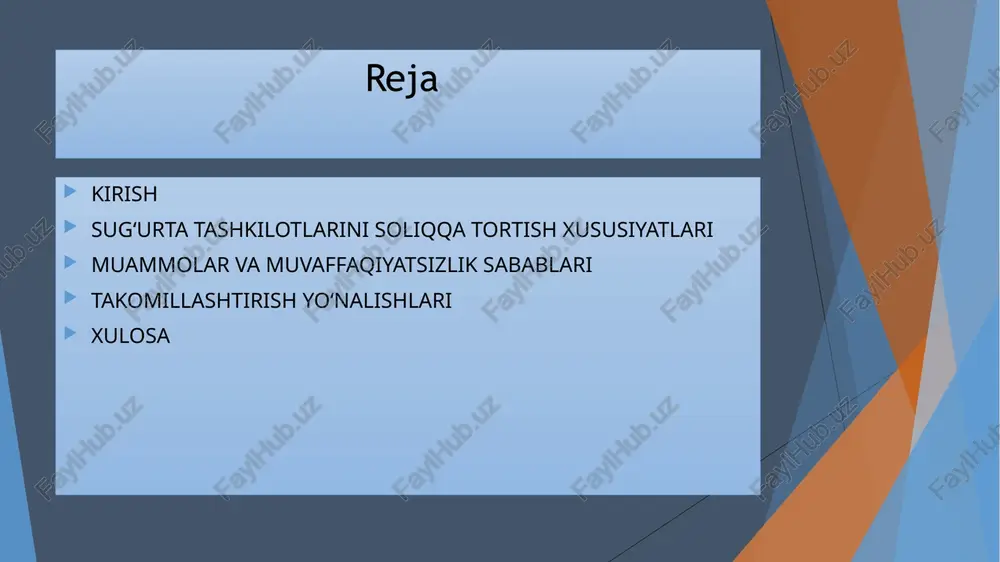 lari. davlat tomonidan tartibga solish va qo‘llab-quvvatlash. vizual ko‘rinish taklifi tartib milliy amaliyot xalqaro amaliyot soliq turlari daromad soligʻi, qqs, foyda soligʻi sugʻurta mukofotlari bo‘yicha maxsus soliq soliq stavkalari yuqoriroq bo‘lishi mumkin o‘rtacha past yoki imtiyozli stavkalar normativ talablar murakkab va batafsil soddalashtirilgan tizimlar soliqqa tortish tizimidagi muammolar murakkab soliq tartiblari sug‘urta kompaniyalari soliq hisobotlarini yuritishda qiyinchiliklarga duch keladi. tizimning murakkabligi operatsion xarajatlarni oshiradi. soliq stavkalarining yuqoriligi yuqori soliq stavkalari investitsiya kiritish imkoniyatlarini cheklaydi. foyda kamayishi sug‘urta xizmatlari narxiga taʼsir qiladi. normativ-huquqiy bazaning kamchiliklari qonunchilikning noaniqligi sug‘urta kompaniyalariga moliyaviy barqarorlikni ta’minlashda qiyinchilik tug‘diradi. qonuniy o‘zgarishlarning tez-tez amalga oshirilishi sektorda noaniqlikni oshiradi. soliq bo‘naklarining yetarli emasligi sug‘urta sektori uchun imtiyozlarning kamligi raqobatbardoshlikka salbiy taʼsir ko‘rsatadi. innovatsion yechimlarni qo‘llash imkoniyatlari cheklanadi. soliqqa tortish tizimidagi mavjud muammolar murakkab soliq tartiblari sug‘urta kompaniyalari soliq hisobotlarini yuritishda qiyinchiliklarga duch keladi. tizimning murakkabligi operatsion xarajatlarni oshiradi. soliq stavkalarining yuqoriligi yuqori soliq stavkalari investitsiya kiritish imkoniyatlarini cheklaydi. …