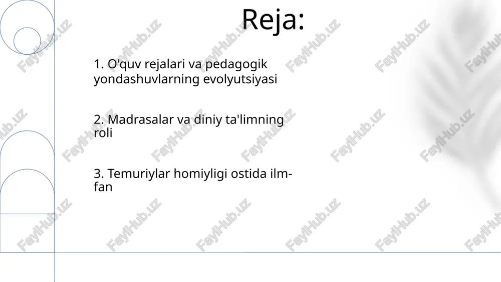 birga, yod olish va tanqidiy tahlilga urg'u berilgan pedagogik yondashuvlar qo'llanilgan. homiylik astronomiya (ulug'bekning "ziji sultoniy"si) va matematika (ghiyosiddin jamshid koshoniyning matematik hissalari)da sezilarli yutuqlarga olib keldi temuriylar shahzodalari tarbiyasi davlat boshqaruvi, harbiy strategiya va islom ilmiga oid qat'iy tayyorgarlikni o'z ichiga olgan. ularga taniqli olimlar va din arboblari ta'lim berishgan temuriylar hukmdorlari, timur (amir temur) va ulugʻbek (samarqand) kabi, taʼlimga katta mablagʻ sarflab, kutubxonalar (masalan, ulugʻbek rasadxonasi) va madrasalar (masalan, samarqanddagi bibi-xonim masjidi majmuasi) qurishgan 3. temuriylar davlatining ilm-fan homiyligi temuriddan ayollar, ko'pincha g'azonxon avlodi yoki samarqand va hirot saroyiga yaqin elita oilalaridan bo'lib, diniy fanlar (qur'on, hadis), adabiyot (fors she'riyati, nasri), musiqa va xattotlikdan ta'lim olishgan; gowhar shodning ta'lim muassasalariga homiylik qilgani buning yorqin misolidir. temuriylar davrida (xiv-xv asrlar) ta'lim rivojida samarqanddagi gur-e-amir majmuasi kabi madrasalar (diniy maktablar) va imperiyaning yirik shaharlarida kutubxonalar tashkil etildi. bu, fors va markaziy osiyo an'analarining ta'siri ostida bo'lib, matematika, astronomiya va tibbiyotdagi …