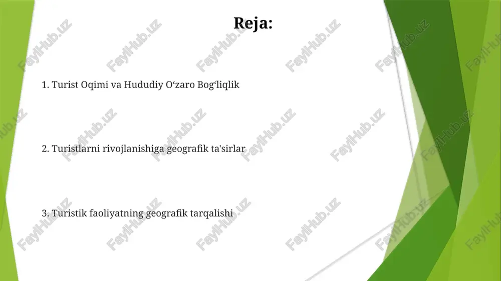 ailand, vetnam) va janubiy yevropa (ispaniya, italiya) kabi turli hududlarga resurslarni boshqarish va infratuzilmaning farqlanishi tufayli har xil ta'sir ko'rsatdi barqaror turizm tashabbuslari (masalan, alp tog'laridagi karbonni qoplash dasturlari, nepalda jamoa turizmi) salbiy ta'sirlarni (masalan, venesiyadagi ifloslanish, galapagosdagi bioxilma-xillikning yo'qolishi) kamaytirishga qaratilgan sohillar (o'rtayer dengizi, karib havzasi) ichki hududlarga (qishloq evropasi, afrikaning ba'zi qismlari) nisbatan ancha ko'p sayyohlarni jalb qiladi, bu esa atrof-muhitga bosim va ijtimoiy-iqtisodiy tengsizlikka olib keladi. sayyohlar oqimini boshqarish (masalan, perudagi maxu-pikchuda kvotalarni joriy etish) muhim ahamiyatga ega. e'tiboringiz uchun rahmat @taqdimot_robot
