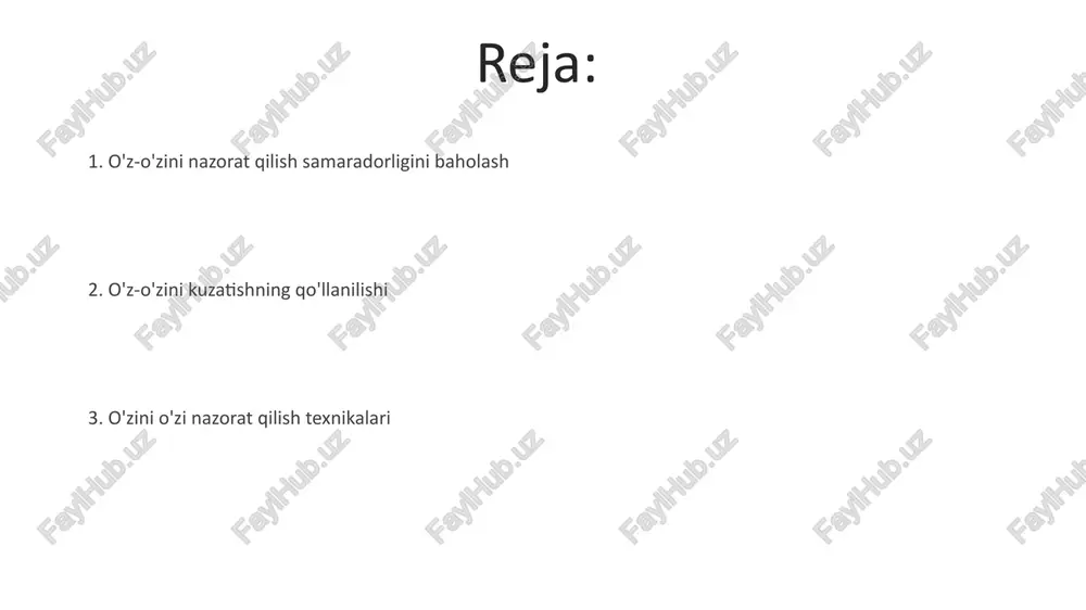 -10 balldan og'riq shkalasi) o'z-o'zini kuzatishdan keyingi ma'lumotlar tahlili muhim: boshlang'ich ma'lumotlar (masalan, aralashuv oldidan o'rtacha kunlik qadamlar: parijda 5000 qadam)ni aralashuvdan keyingi ma'lumotlar bilan (masalan, aralashuvdan keyin o'rtacha 10000 qadam) solishtirish o'zini o'zi nazorat qilish ta'rifi o'zini o'zi kuzatish (snyder & gangestad, 1970-yillar), yuqori, o'rtacha va past darajalarga ega shaxsiyat xususiyati bo'lib, ijtimoiy kontekstga moslashish qobiliyatini o'lchaydi va ijtimoiy munosabatlarga ta'sir qiladi samaradorlik va yaxshilanishni o'lchash misol va tahlillar xavotirni boshqarish bo'yicha o'z-o'zini kuzatish aralashuvlarining meta-tahlili (k=25) 750 dan ortiq ishtirokchida (masalan, nyu-york shahri, ayovaning qishloq joylari) xavotir belgilarining sezilarli darajada kamayganini ko'rsatdi. stanford universiteti uyqu klinikasining 12 ishtirokchi bilan o'tkazgan tadqiqoti (o'rtacha yoshi 35, sd=8) o'z-o'zini kuzatishning uyqu gigienasini yaxshilashda samaradorligini (pittsburg uyqu sifati indeksi ballari bilan o'lchandi) ko'rsatdi e'tiboringiz uchun rahmat @taqdimot_robot image4.jpg image5.jpg image6.jpg image7.jpg image8.jpg image9.jpg image10.jpg image1.jpeg image2.jpeg