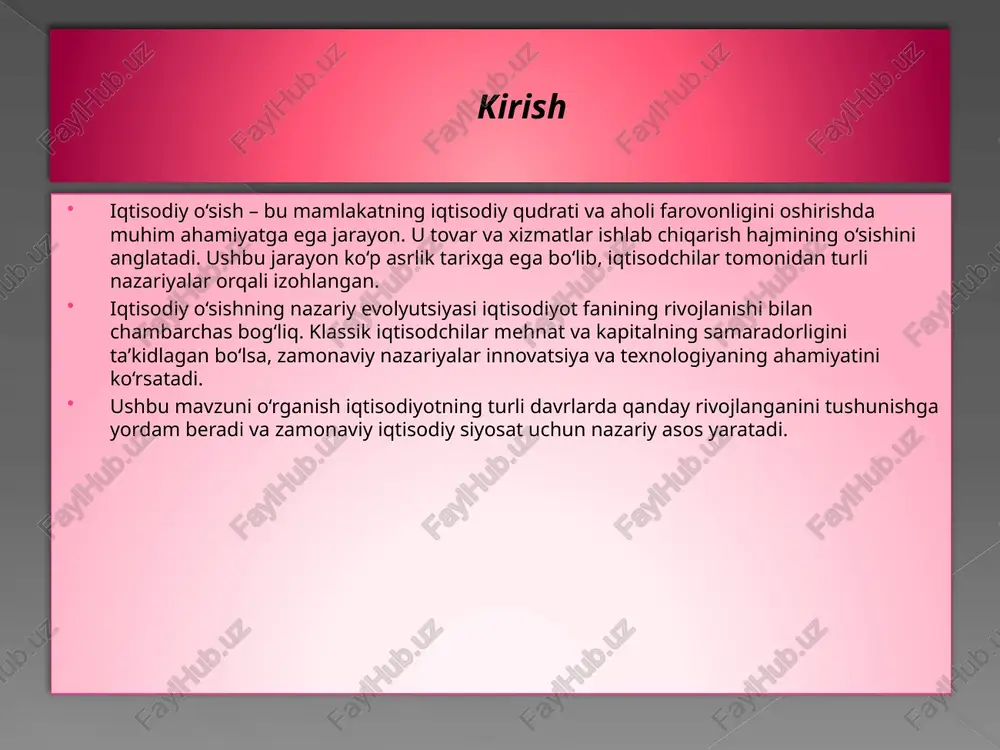 iqtisodiyoti o‘z-o‘zini boshqaradi. mehnat, kapital, va yer iqtisodiy o‘sishning asosiy omillari. davlatning iqtisodiyotga aralashuvi minimal darajada bo‘lishi kerak. klassik maktab nazariyalari zamonaviy iqtisodiy fikrning shakllanishida muhim rol o‘ynagan. neoklassik nazariya neoklassik nazariya 20-asrning o‘rtalarida shakllangan bo‘lib, iqtisodiy o‘sishni texnologiya, kapital, va mehnatning o‘zaro bog‘liqligi orqali tushuntiradi. bu nazariyaning asosiy vakili robert solow hisoblanadi. 1. robert solow modeli (solow-swan modeli) solow 1956-yilda o‘zining "iqtisodiy o‘sish nazariyasi" asarida iqtisodiy o‘sishga texnologik taraqqiyotning ta’sirini ko‘rsatdi. asosiy g‘oya: iqtisodiy o‘sish kapital va mehnatning ko‘payishi bilan emas, balki texnologik yangiliklar orqali ta'minlanadi. 2. asosiy tamoyillar: kapitalning kamayuvchi samadorligi (diminishing returns to capital): kapital zaxirasi oshgani sari uning o‘sishga qo‘shgan hissasi kamayadi. masalan, ishlab chiqarish quvvatlari oshganda, yangi investitsiyalarning samarasi pasayadi. barqaror holat (steady state): iqtisodiyot o‘z resurslarini maksimal darajada ishlatib, barqaror ishlab chiqarish darajasiga erishadi. ushbu holatda iqtisodiy o‘sish faqat texnologik taraqqiyot tufayli davom etadi. texnologik taraqqiyot: uzluksiz innovatsiyalar iqtisodiy o‘sishning uzoq muddatli asosidir. texnologiyaning …