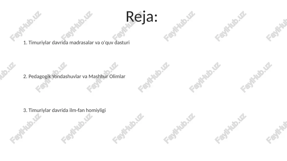 hni aks ettirdi. al-koshiy (matematika) va gʻaffor (adabiyot) kabi olimlar shohona homiylikda rivojlanib, taʼlim dasturlarini boyitdilar. yunon va boshqa asarlarning fors tiliga tarjimasi intellektual almashinuvda muhim rol oʻynadi madrasalar va diniy ta'lim madrasalar o'qitish metodlari turlicha edi; ba'zilari katta olimlar (shayxlar)ning ma'ruzalari asosida ierarxik tizimdan foydalansa, boshqalari hamkorlikdagi o'rganishni qo'llab-quvvatladi madrasalar intellektual va diniy hayotning muhim markazlari boʻlib, olimlar, huquqshunoslar va boshqaruvchilarni yetishtirdi. ularning oʻquv dasturi va pedagogik yondashuvlari temuriylar imperiyasi va undan tashqaridagi intellektual muhitga taʼsir koʻrsatdi samarqand, hirot va dehli timuriylar madrasalari (xiv-xv asrlar) diniy ta’limotlar (fiqh, hadis, tafsir) bilan birga dunyoviy fanlarni (mantiq, arifmetika, astronomiya) o’qitib, islom ilm-fani va fors an’analarining sintezini aks ettirgan ilm va bilim almashinuvi temuriylar davri (xiv-xv asrlar) samarqand, hirot va tabrizda ilm-fanning gullab-yashnashiga, xususan, samarqanddagi ulugʻbek madrasasi kabi mashhur madrasalar orqali islomshunoslik, astronomiya (ulugʻbek rasadxonasi), matematika va tibbiyot (ibn sinoning taʼsiri)ning rivojlanishiga guvoh boʻldi ilm tarqalishi keng qo'lyozma ishlab chiqarish (xattotlik, miniatyura); …