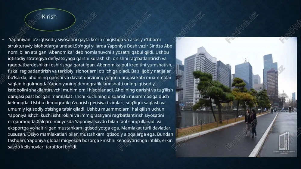 ahon xoʻjaligida xxr va boshqa rivojlanayotgan mamlakatlar jahon iqtisodiyotiga integratsiyalashuvining kuchayishi ortidan yaponiya iqtisodiyotining oʻsish sur’atlari tushib ketmoqda. o‘rta va kichik biznes barcha sohalarda samarali faoliyat ko‘rsatib kelmoqda. bu raqobatni rivojlantirishda, tovarlarning raqobatbardoshligini oshirishda bozorning asosiy elementi hisoblanadi. yaponiya kompaniyalarining 99 foizi kichik va oʻrta bizneslardir. avtomobilsozlik, elektron va elektrotexnika sanoatida katta roʻl egallaydi. eksport tarkibi: transport vositalari, avtomobillar, mototsikllar, elektronika, elektrotexnika va boshqalar. import tarkibi: [mashina]] va uskunalar, yoqilgʻi, oziq-ovqat, xom ashyo va boshqalar. statistika iqtisodiy ko‘rsatkichlari keltirilgan. 2% dan kam inflyatsiya yashil strelka bilan koʻrsatilgan har qanday davlat o’z ijtimoiy-iqtisodiy taraqqiyoti turli shart-sharoitlar va omillar ta’sirida ro’y beradi. ayrim mamlakatlar yirik davlatlar ta’sirida va ularning ko’magida taraqqiy topsa, boshqalari o’zining ichki imkoniyatlaridan to’la va samarali foydalanib taraqqiyotning yuqori cho’qqilariga chiqib olishi ham mumkin. yaponiya uchun har ikkala yo’l ham xos hisoblanadi. yaponiya ijtimoiy-iqtisodiy taraqqiyotining “yapon modeli” nomi bilan dunyoga tanilishi asosan 2-jahon urushidan keyingi davrga to’g’ri keladi. mana …