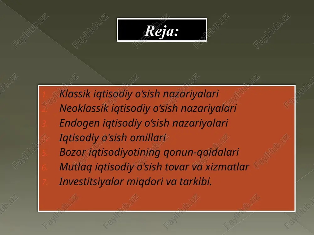 ab chiqarish funksiyasi. kapital va mehnat omillari sarlavha: kapital va mehnat omillari kapital va mehnat o‘rtasidagi muvozanat: kapitalning ortishi ishlab chiqarishni ko‘paytiradi. mehnat va kapitalning to‘g‘ri kombinatsiyasi o‘sishning barqaror sur’atlarini ta’minlaydi. mehnatning sifatiga, ya'ni ta’lim va ko‘nikmalariga katta e'tibor qaratish zarur. endogen o‘sish: texnologiya va innovatsiyalarni ta’minlashning ahamiyati. vizual: kapital va mehnat o‘rtasidagi bog‘liqlikni ifodalovchi diagramma. texnologik taraqqiyot va o‘sish sarlavha: texnologik taraqqiyotning o‘sishdagi roli texnologiya - iqtisodiy o‘sishning kaliti: uzun muddatli o‘sish texnologiyaning rivojlanishiga bog‘liq. innovatsiyalar va ilmiy-tadqiqot ishlari o‘sishni rag‘batlantiradi. endogen o‘sish nazariyalari: texnologik taraqqiyot endogen ravishda yaratiladi (ichki omillar orqali). yangi bilimlar va innovatsiyalar iqtisodiy samaradorlikni oshiradi. vizual: texnologik taraqqiyotni aks ettiruvchi piktogramma yoki grafik. lucas modeli (1988) sarlavha: robert lucas modeli robert lucas (1988): mehnat unumdorligini oshirishda ta’lim va ko‘nikmalarning roli katta. model asosiy g‘oyalari: mehnat kuchining ta’limi va tajribasi o‘sishni belgilaydi. o‘sishning asosiy omili — inson kapitali. ta’lim va bilimlar iqtisodiy o‘sishni davom ettiruvchi ichki …