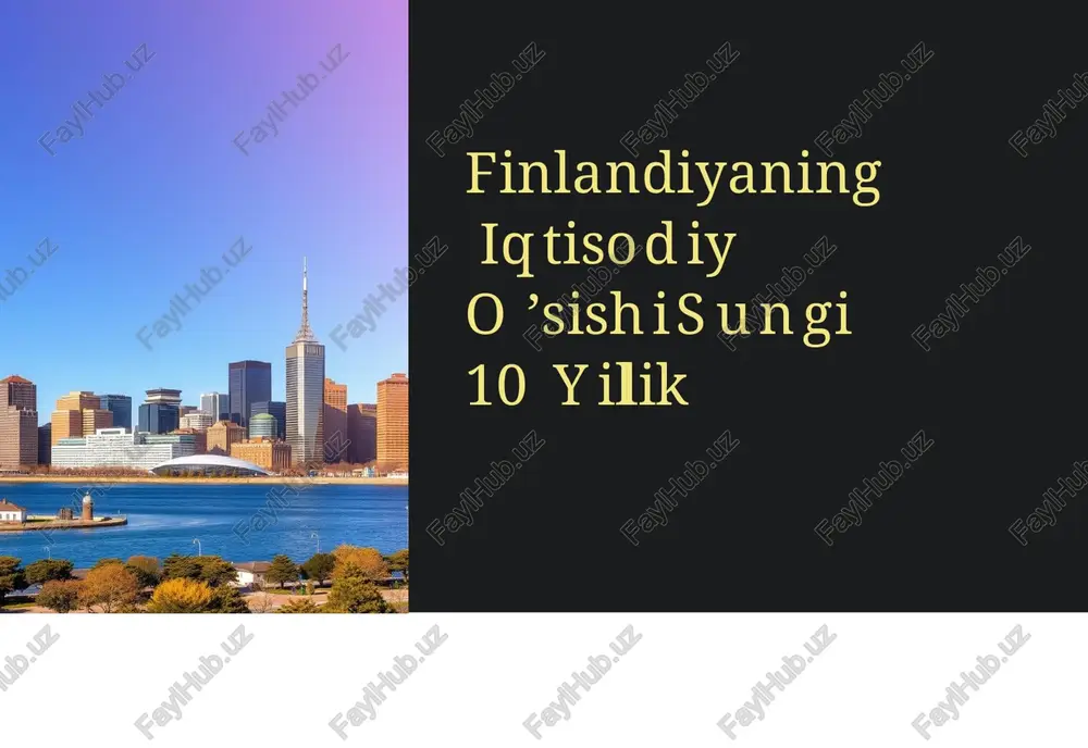 tining o’sishi finlandiya texnologiya sohasidagi eksporti, ayniqsa telekommunikatsiya, dasturiy ta'minot va o’yinlar sohalarida tez sur'atlar bilan o’smoqda. 2 xizmatlar eksportining kengayishi turizm, ta'lim va sog’liqni saqlash kabi xizmatlarning eksporti ham sezilarli darajada o’smoqda. 3 global bozorlarda raqobat finlandiya kompaniyalari global miqyosda o’z mahsulotlari va xizmatlarini sotish uchun raqobatlashmoqdalar. texnologiya sanoatining rol sohalar ta'sir mobil aloqa nokia va boshqa kompaniyalar mobil aloqa texnologiyalarida global etakchilar hisoblanadi. dasturiy ta'minot finlandiya dasturiy ta'minot sohasida o’ziga xos innovatsion yondashuvlar va mahsulotlarni ishlab chiqaradi. o’yin sanoati supercell kabi kompaniyalar o’yin sanoatida global darajada katta muvaffaqiyatlarga erishdilar. barqaror rivojlanishning ahamiyati ekologik barqarorlik finlandiya energiya samaradorligini oshirish, chiqindilarni qayta ishlash va tabiiy resurslarni saqlashga e'tibor qaratadi. qayta tiklanadigan energiya manbalari qayta tiklanadigan energiya manbalaridan foydalanish, masalan, shamol va quyosh energiyasi, ekologik barqarorlikni oshirishga qaratilgan. iqlim o’zgarishiga qarshi kurash finlandiya iqlim o’zgarishiga qarshi kurashda faol ishtirok etadi va ekologik barqarorlikka e'tibor qaratadi. qiyinchiliklar va imkoniyatlar ishchi kuchining tanqisligi …