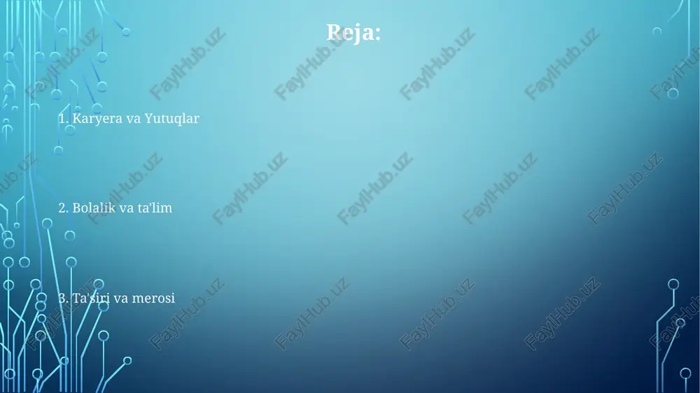 atyurasi texnikasini eslatuvchi yorqin ranglardan foydalanadi va zamonaviy abstraktsion elementlarni qo'shadi gulomovaning asarlarida sovetdan keyingi badiiy erkinlikning ta'siri ranglarning jasur qo'llanilishi va shakl bilan tajribalarda yaqqol ko'rinadi uning badiiy rivojlanishi o'zbek landshaftlari va kundalik hayotini real tasvirlashdan madaniy merosga ramziy ishoralarni saqlab qolgan abstrakt kompozitsiyalarga aniq o'tishni ko'rsatadi. toshkent, moskva va xalqaro maydonlardagi (masalan, london, berlin) ko'rgazmalar soni (yakka va guruhli) muhim tanqidiy qabul qilinishini ochib beradi e'tiboringiz uchun rahmat @taqdimot_robot image1.png image2.png image3.png image4.png image5.png
