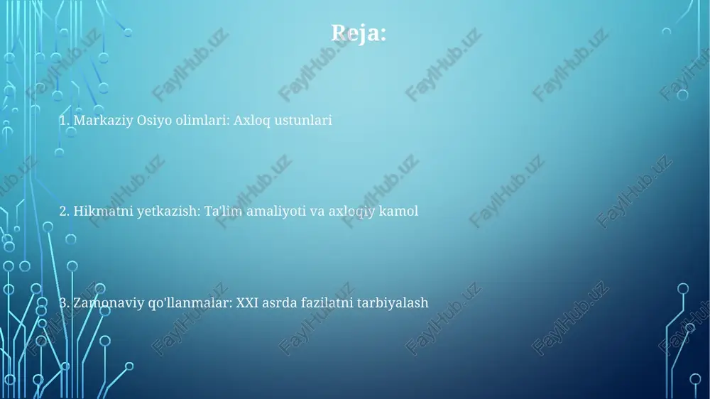 (masalan, al-farobiy, ibn sino) axloq falsafasiga katta ta'sir ko'rsatdi, ularning axloqiy risolalari (masalan, "al-siyosah al-madaniyya", "tib qonuni") fazilatli hayot uchun amaliy asoslarni taklif qilib, samarqand, buxoro va undan tashqaridagi ta'limga ta'sir ko'rsatdi zamonaviy muammolarga tegishliligi o'zbekistonlik olimlarning axloqiy xulq-atvoriga (masalan, ibn sinoning isfaxon va boshqa yirik shaharlardagi bemorlarga g'amxo'rlikka qaratilgan tibbiy axloqi) qaratilgan e'tibor yoshlar uchun kuchli namuna bo'ladi markaziy osiyo olimlari (9-15-asrlar), masalan, al-biruniy (xorazm) va ibn sino (buxoro), matematika, astronomiya va tibbiyotga katta hissa qo'shdilar – bu sohalar zamonaviy muammolarga (iqlim o'zgarishi va global sog'liqni saqlash inqirozlariga) yondashishda muhim bo'lgan stem ta'limi va axloqiy fikrlashni shakllantirdi katta-kichik hurmati va hokimiyatga hurmat katta-kichik hurmati, o'rta osiyo madaniyatlarida (o'zbekiston, tojikiston, qozog'iston va boshqalar) chuqur ildiz otgan, farzandparvarlik, itoatkorlik va jamiyat uyg'unligini ta'kidlaydi. an'anaviy hikoyalar, maqollar (3000 dan ortiq misol) va oilaviy tuzumlar bu qadriyatlarni turli millat vakillari (o'zbeklar, tojiklar, qozoqlar, qirg'izlar) orasida mustahkamladi. markaziy osiyodagi ta'lim tizimlari tarixan axloq (axloq)ni …