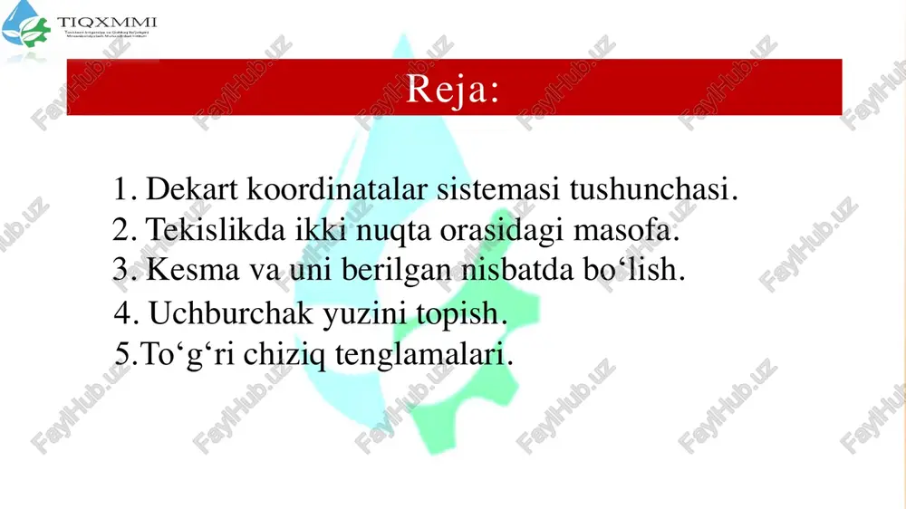 y2 (1) a nuqtadan ox oʻqiga parallel chiziq oʻtqazib, uning bb1 bilan kesishgan nuqtasini c bilan belgilaymiz. unda ac=a1b1 cb1=aa1 (2), ac= x2-x1 bc=y2-y1 (3) kelib chiqadi. ∆acb – toʻgʻri burchakli uchburchak pifagor teoremasiga koʻra ab2=ac2+bc2 boʻladi. (3) munosabatdan foydalanib ab2=(x2-x1) 2+(y2-y1) 2 tenglikni va undan esa a b 0 y x a1 b1 2 12 2 12 )()( yyxxab  c tekislikda ikki nuqta orasidagi masofa tekislikda a(x1, y1) va b(x2, y2) nuqtalarni tutashtiruvchi ab toʻgʻri chiziq kesmasini qaraylik. bu kesmada shunday c nuqta topish kerakki ac ning bc kesmaga nisbati berilgan λ songa teng boʻlsin: izlanayotgan nuqtaning koordinatalarini x va y deylik c(x, y). a, b va c nuqtalardan ox oʻqiga perpendikulyar tushiramiz, unda oa1=x1 oc1=x, ob1=x2, aa1=y1, cc1=y, bb1=y2 boʻladi.  cb ac kesma va uni berilgan nisbatda boʻlish x y 0 a1 a c1 b1 d c b e ad=a1c1=oc1-oa1=x-x1 cc1=eb1=y ce=c1b1=ob1-oc1=x2-x aa1=dc1=y1 cd=cc1-dc1=y-y1 be=bb1-eb1=y2-y adc …