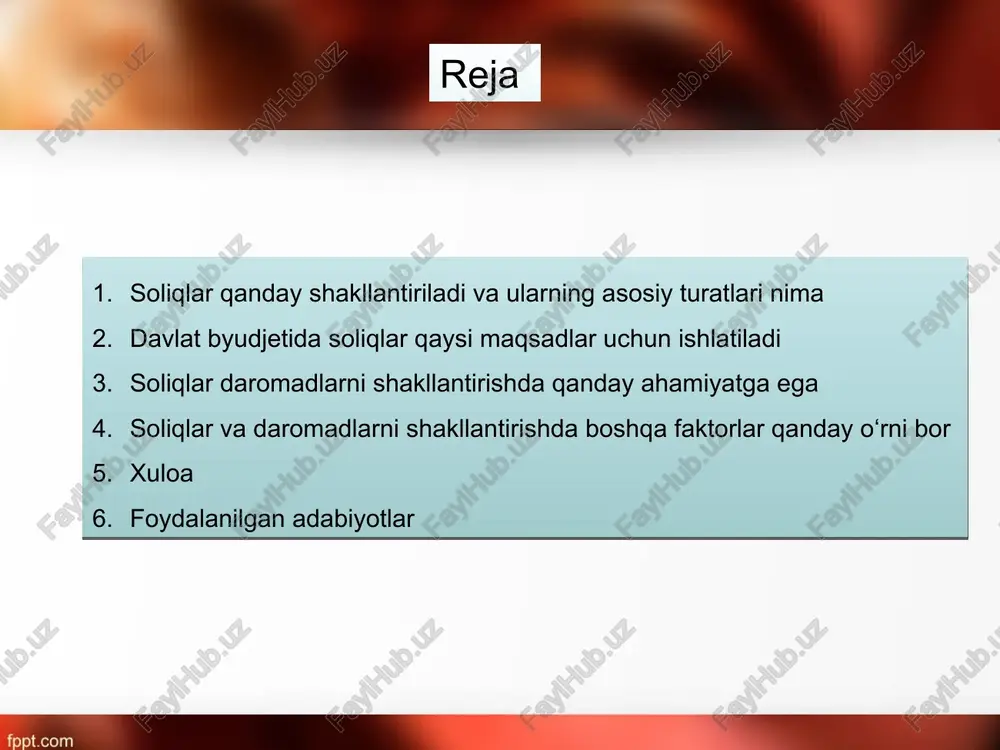 nikatsiyalar tarmoqlarini, suv taʼminoti, energiya resurslarini rivojlantirish va taʼminlash, shuningdek, koʻplab infratuzilma tuzish va rivojlantirish loyihasiga moliyaviy qo‘shiladi. taʼlim tizimini rivojlantirish: soliqlar, oʻquv yurtlari, maktablar, oliy taʼlim muassasalari, maʼlumot texnologiyalari, oʻquv-uslubiy materiallar, oʻqituvchilarning xizmatlari va boshqalar uchun moliyaviy manbai sifatida ajratiladi. sogʻliqni saqlash va davlat xizmatlari: soliqlar sogʻliqni saqlash tizimini rivojlantirish, davlat xizmatlarini taʼminlash (politsiya, yoʻllar, koʻchalar, sayohat yoʻllari, odamlar uchun xizmatlar kabi) va tibbiyotning koʻplab sohalari uchun sarflanadi. iqtisodiy va ijtimoiy tashkilotlar uchun moliyaviy koʻrsatkichlar: soliqlar, milliy iqtisodiyotni rivojlantirish uchun investitsiyalar, korxonalar va tadbirkorlikni oshirish, yangi ish oʻrinlari yaratish, iqtisodiy koʻrsatkichlarni oshirish va ijtimoiy toza energiyaga intilish uchun sarflanadi. ijtimoiy himoya: soliqlar, koʻplab ijtimoiy himoya tizimlarini taʼminlash, kambagʻallikda turgan insonlarga yordam berish, koʻplab ijtimoiy proyektlar uchun moliyaviy koʻrsatkichlar ajratish va koʻplab sohalarni rivojlantirish maqsadida sarflanadi. soliqlar, davlat byudjetida amalga oshirilayotgan moliyaviy siyosat tizimining jihatidan juda muhim bo'lib, mamlakatning rivojlanishini, fuqarolarga xizmat ko'rsatishni va iqtisodiyotning o'sishini ta'minlashda asosiy bo'lib xizmat …