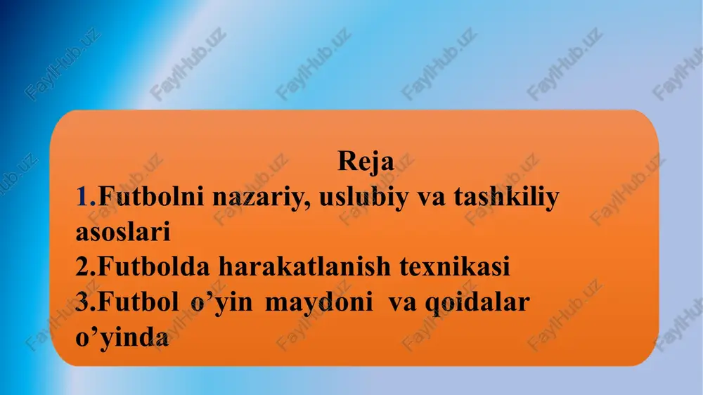 lar. maydonning har qaysi burchaklarida balandligi 1,5 sm dan oshmagan, uchi o’tkir bo’lmagan bayroq o’rnatiladi. bayroq uzunligi 40 sm, kengligi esa 30 sm bo‘ladi. bayroqlar o’rta chiziqning har ikkala tomonida, yon chiziqdan 1m masofadagi uzoqlikda o’rnatilishi mumkin. aberdindagi yig’ilishida futbol qoidalarida bir qator o’zgartirishlar kiritgandi. o’zgarishlar shu yilning 1 iyunidan amal qilishi ko’zda tutilgan. demak, boshlanadigan barcha musobaqalar yangi qoida bo’yicha o’tkaziladi. jonli devor. jarima zarbasi belgilanganida ,agar himoyalanuvchi tomon uch nafar va undan ortiq futbolchidan iborat jonli devor hosil qiladigan bo’lishsa, raqib ularga xalaqit berish uchun o’z futbolchilarini jonli devorga qo’sha olmaydi. hujumchilar jonli devordan kamida bir metr masofada bo’lishlari va unga xalaqit bermasliklari lozim. ushbu o’zgarish jarima zarbasi ijro etilganda turli ziddiyatlar va natijada to’xtalishlarni oldini olish maqsadida kiritilmoqda. golni nishonlash agar golni urgan futbolchi uni nishonlashda qoidani buzsa (masalan, futbolkani yechish), keyinchalik ushbu gol hisobga olinmagan taqdirda ham sariq kartochka bilan jazolanadi. to’pni o’yinga kiritish. to’p darvoza …