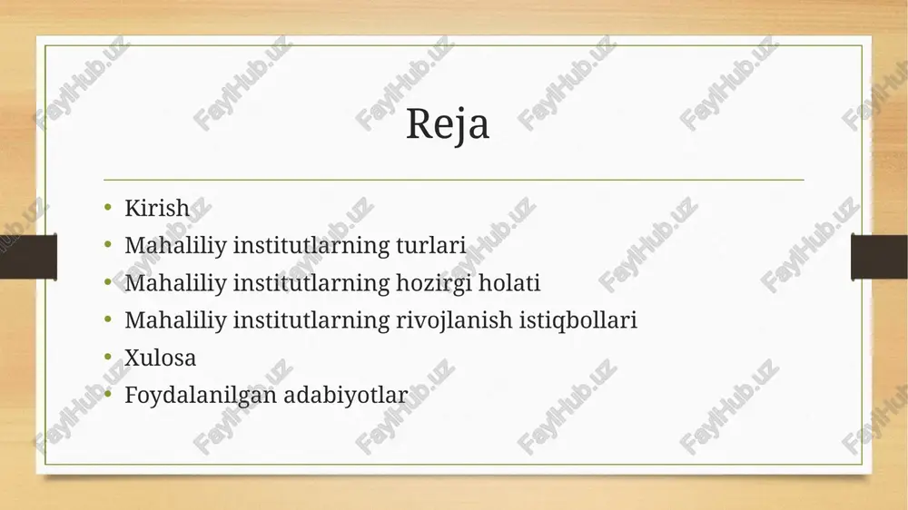 adi. mahaliliy institutlarning afzalliklari hududiy muammolarni chuqur bilish – mahalliy ehtiyoj va muammolarni tezkor hal qilish imkoniyati. tezkor va samarali boshqaruv – qarorlar markaziy hokimiyatga qaramasdan joyida qabul qilinadi. fuqarolarning faolligini oshirish – jamoatchilik ishtiroki orqali mahalliy rivojlanishga hissa qo‘shish. moslashuvchanlik – hududiy sharoit va ehtiyojlarga mos ravishda ishlash imkoniyati. ijtimoiy barqarorlikni ta’minlash – mahalliy aholini qo‘llab-quvvatlash va nizolarni oldini olish. bu afzalliklar mahalliy institutlarni samarali boshqaruv tizimining muhim qismi qiladi. muammolar va choralar muammolar: moliyaviy resurslarning cheklanganligi – budjet yetishmovchiligi sababli infratuzilma va xizmatlar rivojlanishi sust ketadi. qonuniy bazaning zaifligi – ba’zi hududlarda mahalliy institutlarning vakolatlari aniq belgilanmagan. kadrlar malakasi yetishmasligi – tajribali mutaxassislarning kamligi samaradorlikka ta’sir qiladi. fuqarolar faolligining pastligi – jamoatchilik ishtirokining yetarli darajada emasligi. choralar: moliyaviy manbalarni ko‘paytirish – davlat dasturlari, xususiy investitsiyalar va grantlarni jalb etish. huquqiy bazani mustahkamlash – mahalliy institutlarning huquq va majburiyatlarini aniq belgilash. kadrlar malakasini oshirish – mutaxassislar uchun trening va …