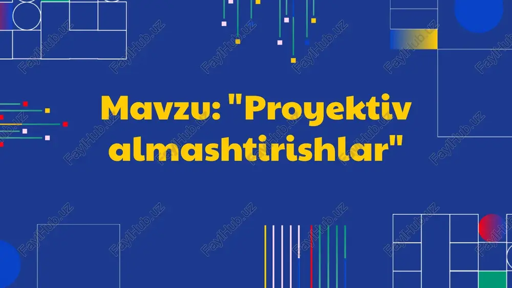 a muammolarni yechishda qo'llaniladi, masalan, mantiqiy misollarni yechishda. statik proyektiv almashtirishlar statik almashtirishlar vaqt o'zgarishiga bog'liq bo'lmagan holda amalga oshiriladi. ular ko'pincha qog'ozda yoki ekranlarda tasvirlarni saqlashda ishlatiladi. dinamik proyektiv almashtirishlar bu tur o'zgaruvchan sharoitlar va vaqt davomida amalga oshiriladigan almashtirishlarni o'z ichiga oladi. masalan, multfilmlar va animatsiyalar yaratishda qo'llaniladi. 01 02 03 04 matematik formulalar formulalarning ahamiyati proyektiv almashtirishlar nazariyasi matematik formulalar yordamida tavsiflanadi. ushbu formulalar geometriya va algebraik tizimlar o'rtasida muhim bog'lanishni ta'minlaydi, natijada geometrik ob'ektlarning transformatsiyasi sodir bo'ladi. formulalarning qo'llanishi proyektiv almashtirishlar formulalari ko'plab sohalarda qo'llaniladi, jumladan, kompyuter grafikasida, tasvirni qayta ishlashda va geografik axborot tizimlarida. bu formulalar yordamida ob'ektlarning o'lchamlarini, joylashuvini va shaklini o'zgartirish mumkin. misollar masalan, homotetiyalar, ya'ni ob'ektning o'lchamini o'zgartirish formulasi, proyektiv almashtirishlarda muhim o'rin tutadi. shuningdek, giperbolik va elliptik proyektiv almashtirishlar ham mavjud bo'lib, ularning har biri turli matematik muammolarni hal etish uchun ishlatiladi. 02 01 03 ilova va misollar proyektiv almashtirishlar nazariyasi …
