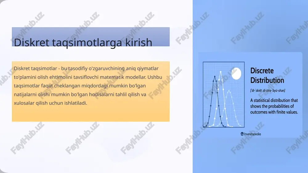 inadigan ko'proq ma'lumotga mos keladi. 4 diskret taqsimot uchun entropiyani hisoblash 1 1-qadam: ehtimollarni aniqlang diskret taqsimotda har bir mumkin bo'lgan natijaning ehtimolini aniqlang. bu entropiyani hisoblash uchun asos bo'ladi. 2 2-qadam: entropiya formulasini qo'llang entropiya formulasidan foydalaning: h = -∑p(x)log₂p(x), bu yerda p(x) har bir x natijaning ehtimoli. 3 3-qadam: entropiya qiymatini hisoblash ehtimollarni ulang va taqsimotning umumiy noaniqligini ifodalovchi entropiya qiymatini hisoblang. 5 entropiyaning xossalari entropiya axborot nazariyasidagi noaniqlikning asosiy o'lchovidir. u bir nechta muhim xususiyatlarga ega bo'lib, uni diskret taqsimotlarni miqdoriy aniqlash va tahlil qilish uchun kuchli vositaga aylantiradi. entropiya har doim manfiy emas, 0 qiymati to'liq aniqlikni bildiradi. tarqatish yanada bir xil va oldindan aytib bo'lmaydigan bo'lib qolganda u ortadi. 6 entropiya va axborot nazariyasi axborot uzatish entropiya axborot nazariyasidagi asosiy tushuncha boʻlib, axborotni optimal uzatish va saqlashni oʻrganadi. bu xabar yoki ma'lumot manbasining noaniqligi yoki oldindan aytib bo'lmaydiganligini miqdoriy jihatdan aniqlaydi. kodlash samaradorligi entropiya ma'lumotni …